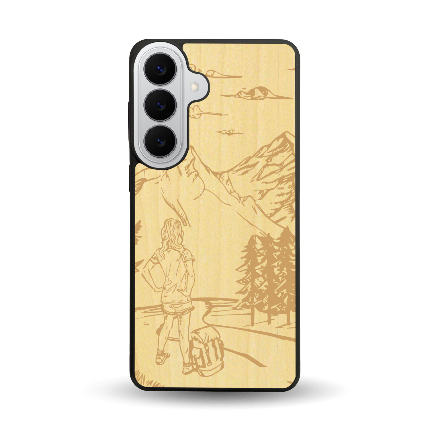 Coque de protection en bois véritable fabriquée en France pour  sur le thème de la randonnée en montagne et de l'aventure avec une gravure représentant une femme de dos face à un paysage de nature