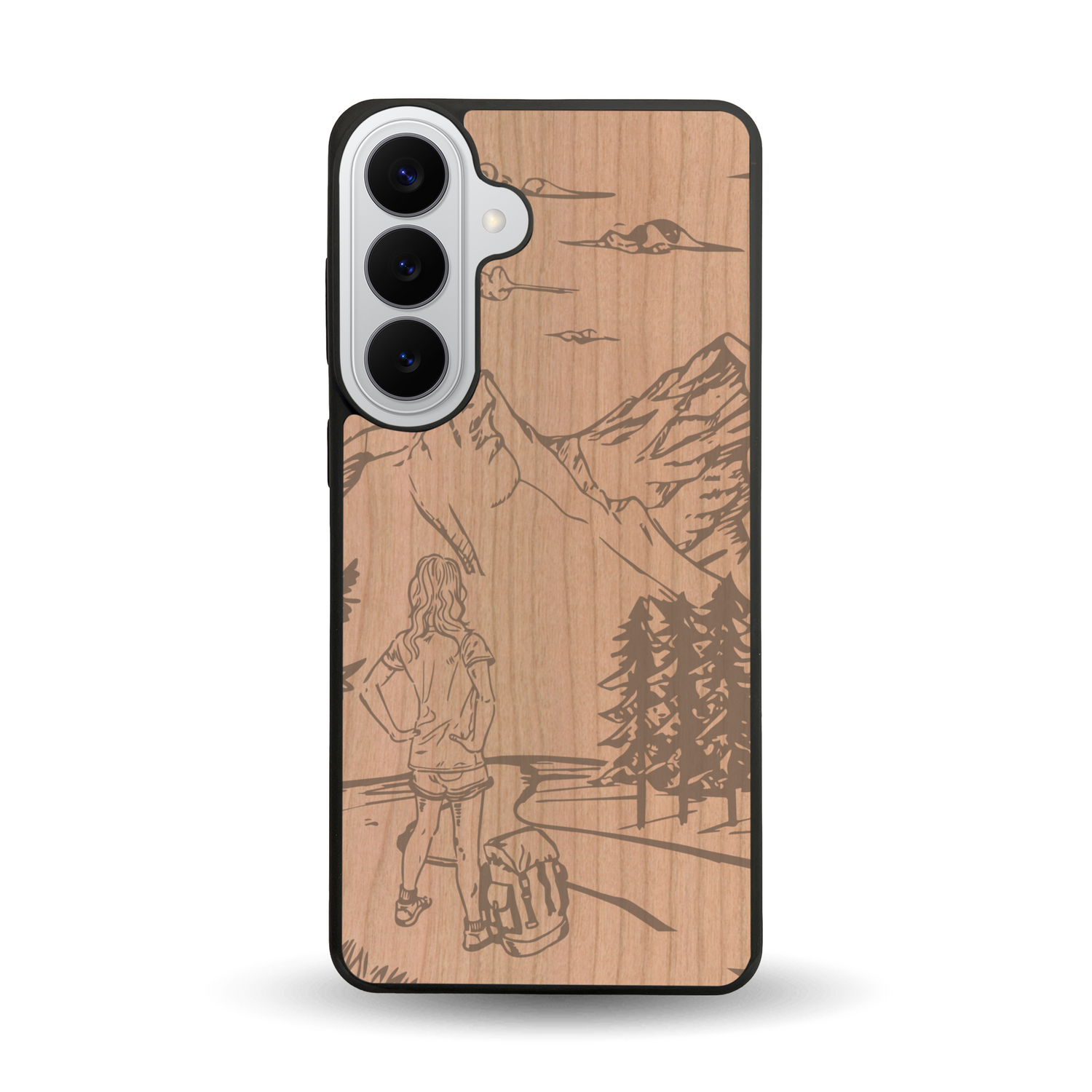 Coque de protection en bois véritable fabriquée en France pour  sur le thème de la randonnée en montagne et de l'aventure avec une gravure représentant une femme de dos face à un paysage de nature