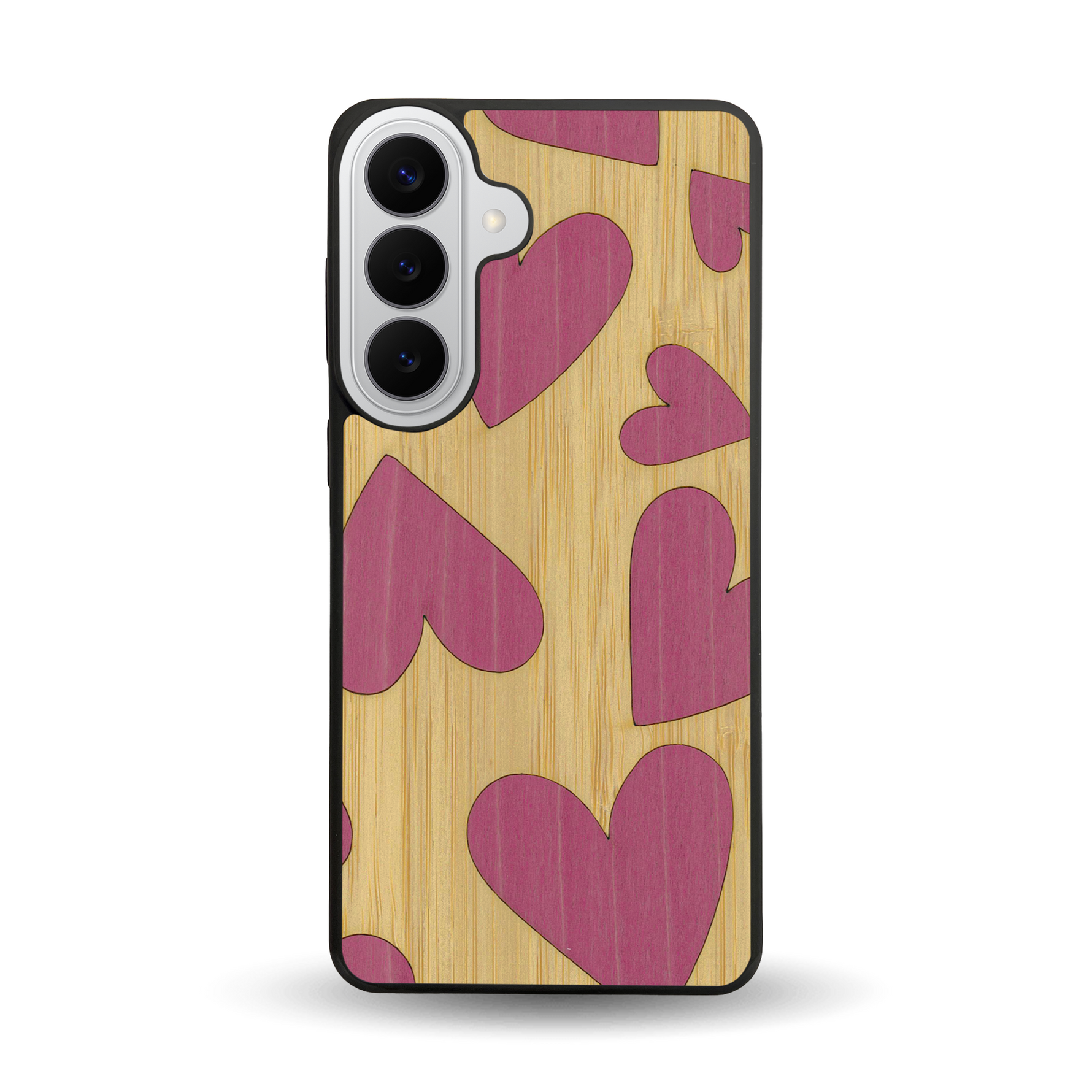 Coque de protection en bois véritable fabriquée en France pour  alliant plusieurs essences de bois pour représenter des coeurs pour les amoureux