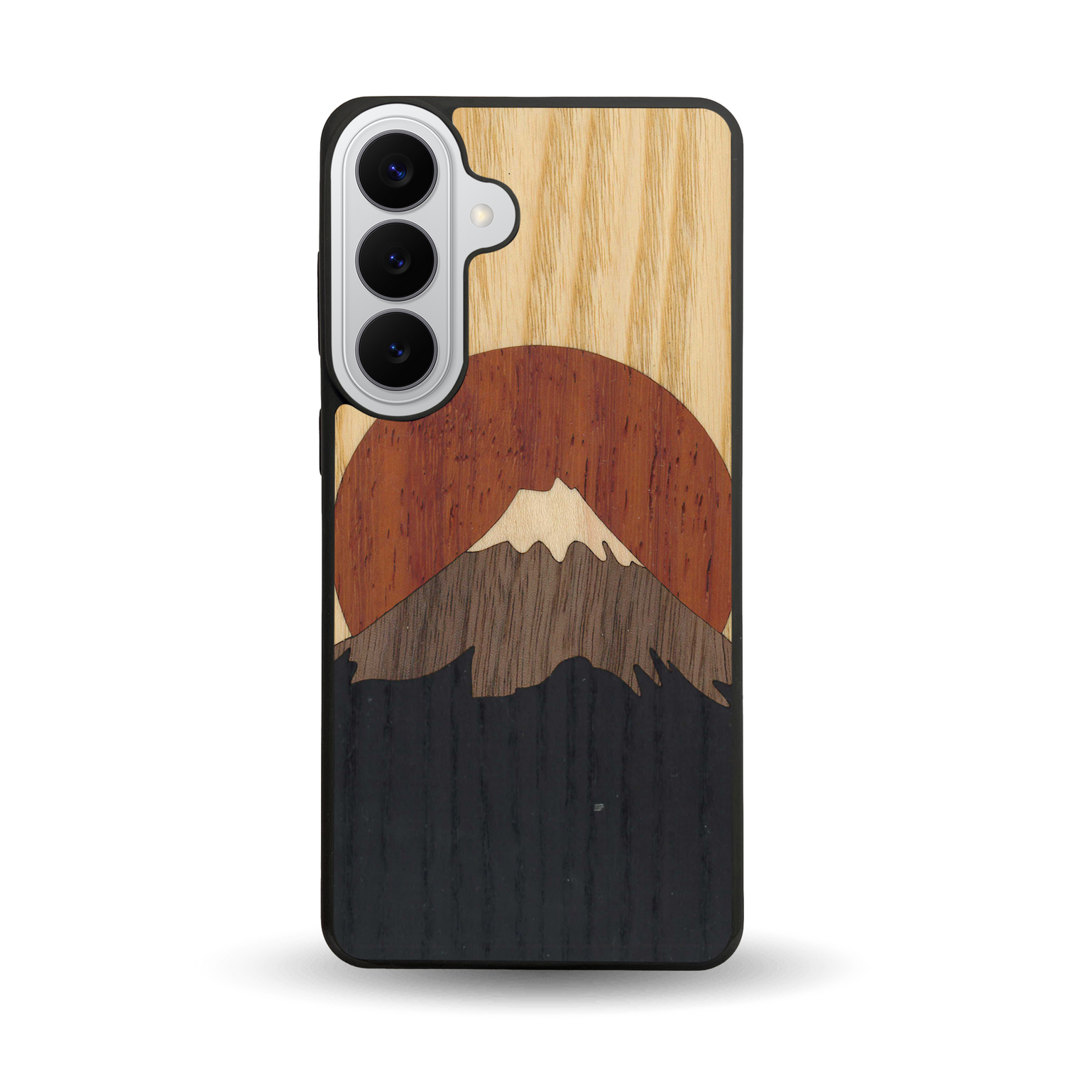 Coque de protection en bois véritable fabriquée en France pour  alliant plusieurs essences de bois pour représenter le mont Fuji