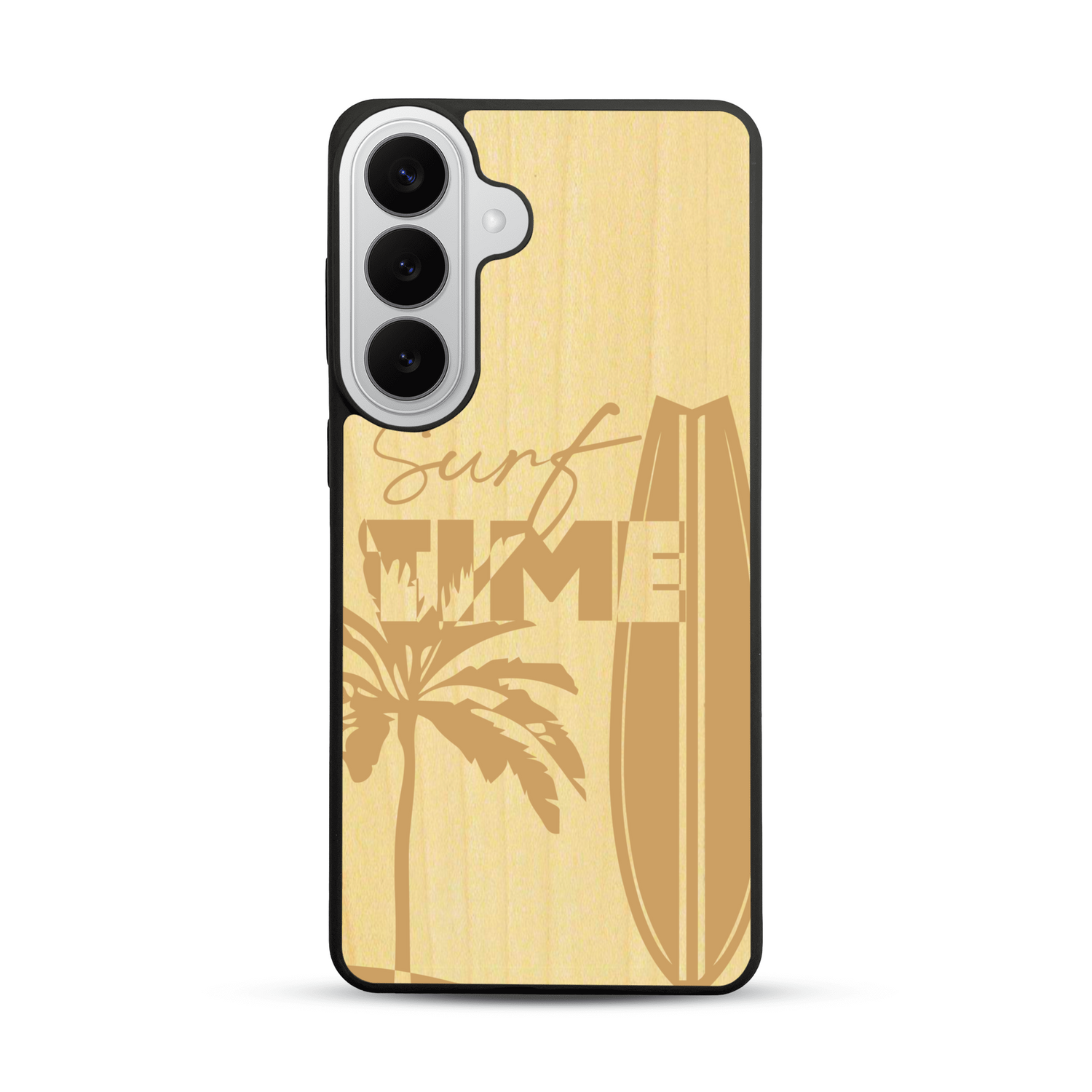 Coque de protection en bois véritable fabriquée en France pour  sur le thème chill avec un motif représentant une silouhette tenant une planche de surf sur une plage entouré de palmiers et les mots "Surf Time Long Beach Miami"