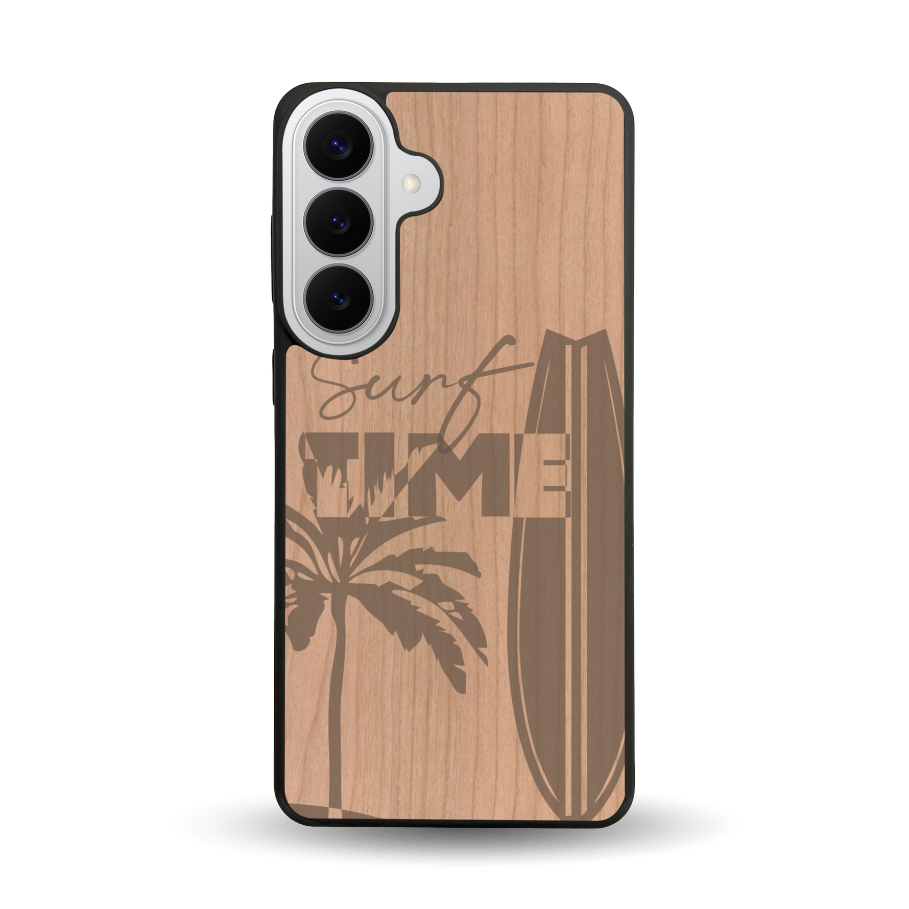 Coque de protection en bois véritable fabriquée en France pour  sur le thème chill avec un motif représentant une silouhette tenant une planche de surf sur une plage entouré de palmiers et les mots "Surf Time Long Beach Miami"