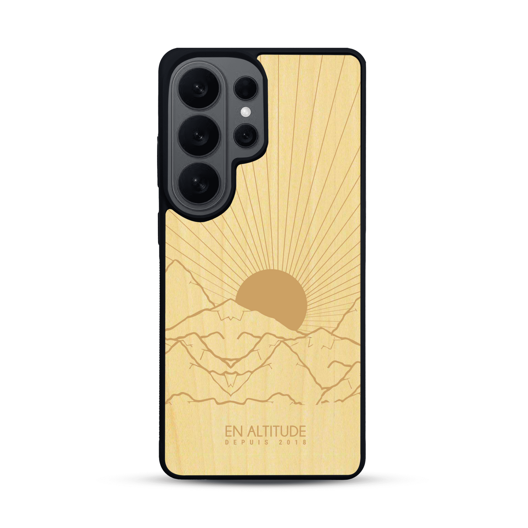 Coque de protection en bois véritable fabriquée en France pour  représentant des montagnes, sur le thème de la randonnée en pleine nature et du trail
