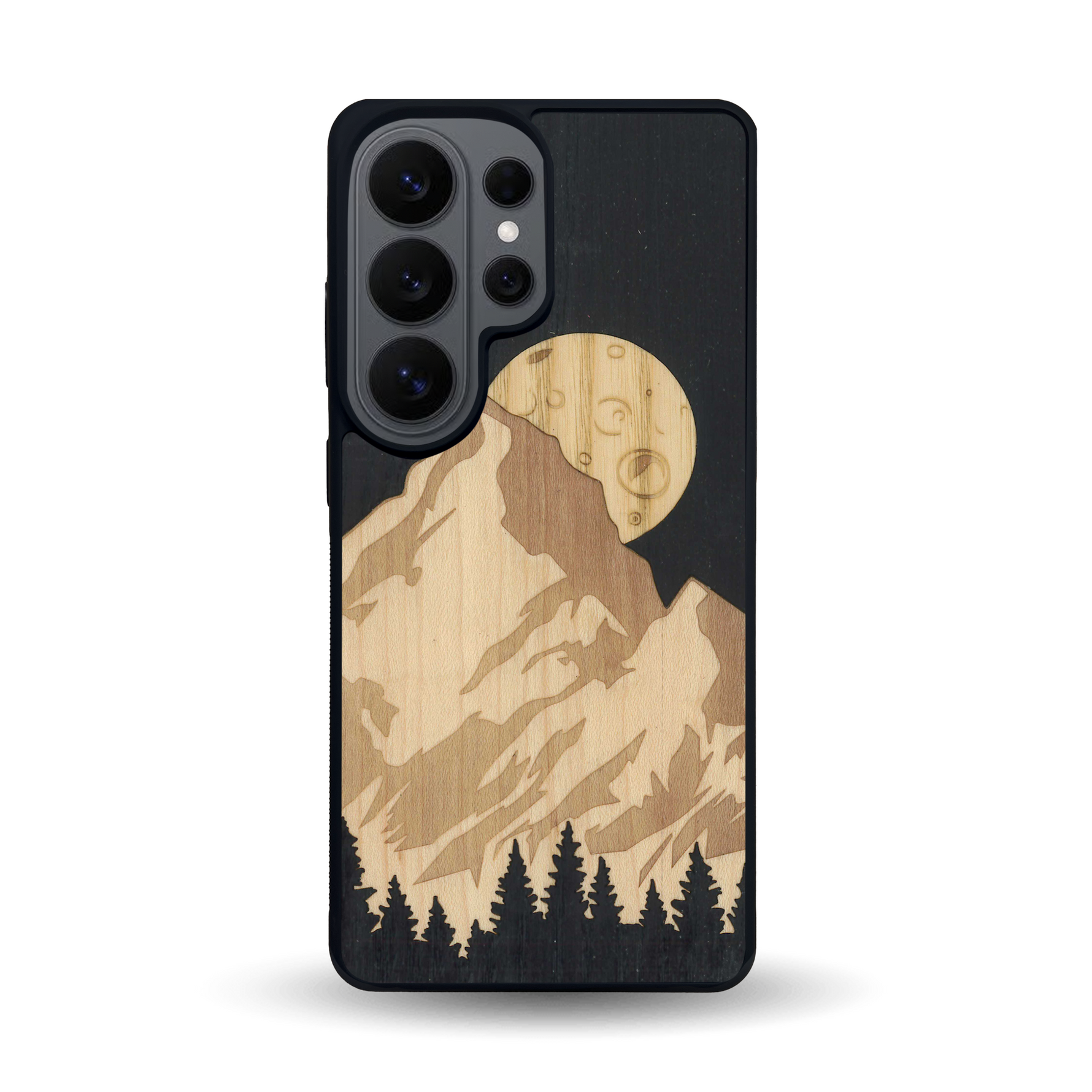 Coque de protection en bois véritable fabriquée en France pour Samsung S26 Ultra alliant plusieurs essences de bois pour représenter le mont Everest