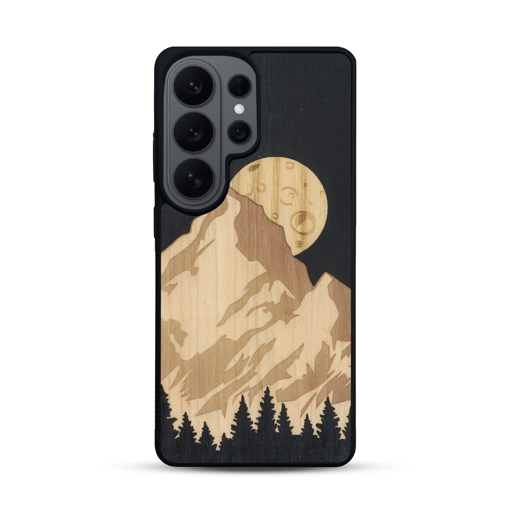 Coque de protection en bois véritable fabriquée en France pour  alliant plusieurs essences de bois pour représenter le mont Everest