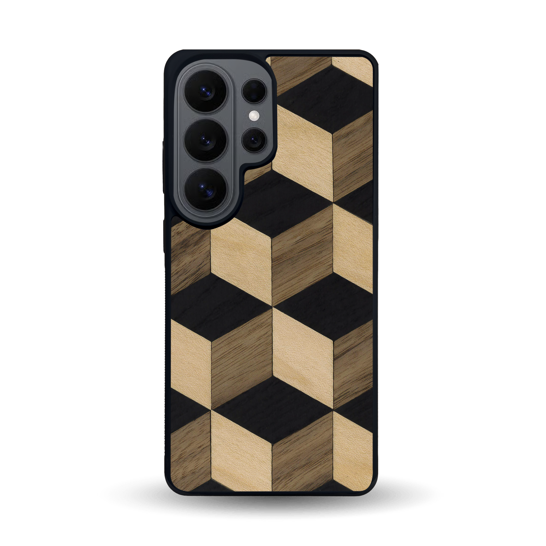 Coque de protection en bois véritable fabriquée en France pour Samsung S26 Ultra alliant plusieurs essences de bois pour représenter un classique intemporel de la marqueterie