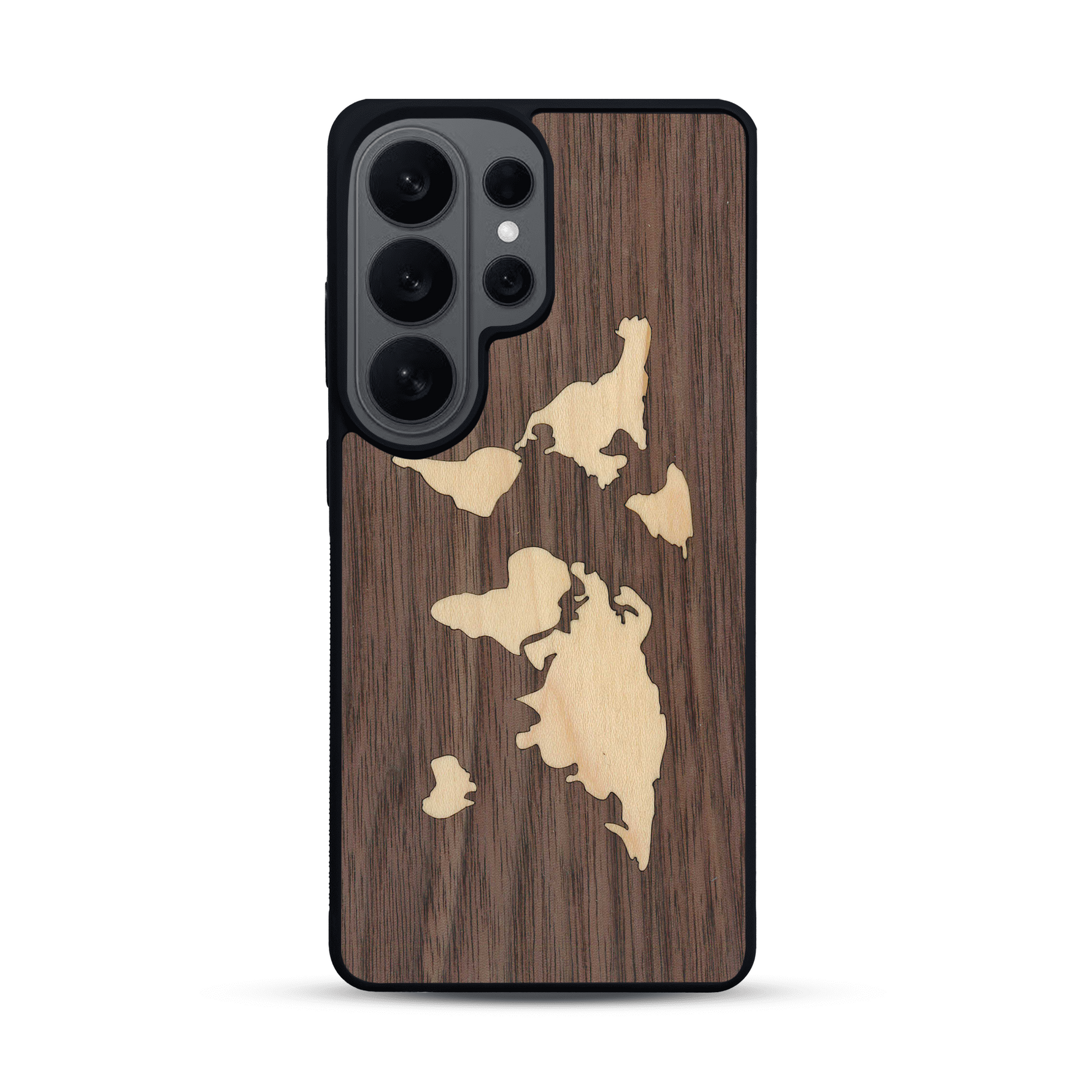 Coque de protection en bois véritable fabriquée en France pour  alliant du bambou et du noyer sur le thème du voyage et de l'aventure représentant une mappemonde