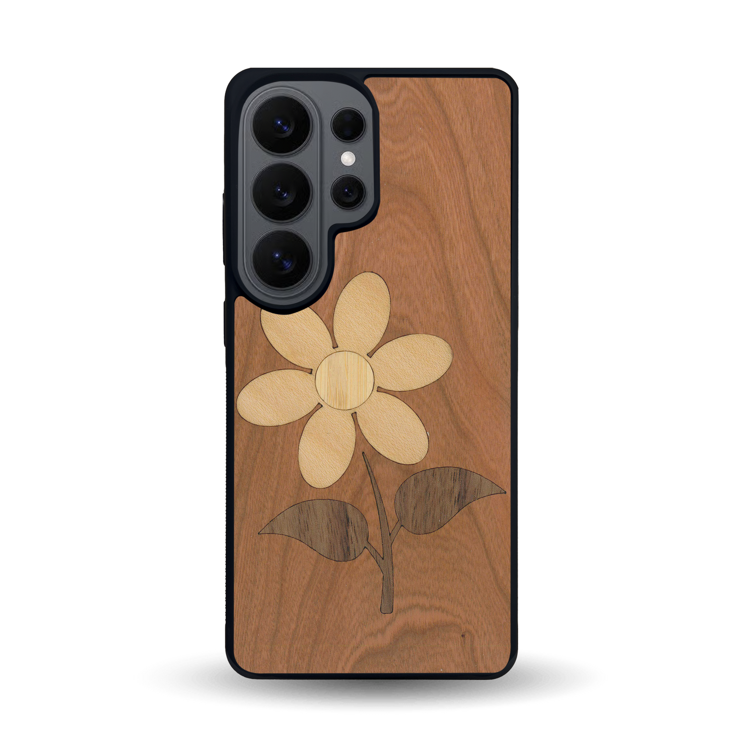 Coque de protection en bois véritable fabriquée en France pour Samsung S26 Ultra alliant plusieurs essences de bois pour représenter une marguerite