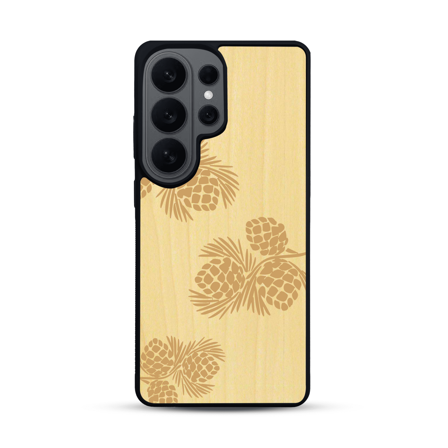 Coque de protection en bois véritable fabriquée en France pour  sur le thème de la nature des arbres avec un motif de gravure représentant des épines de sapin et des pommes de pin