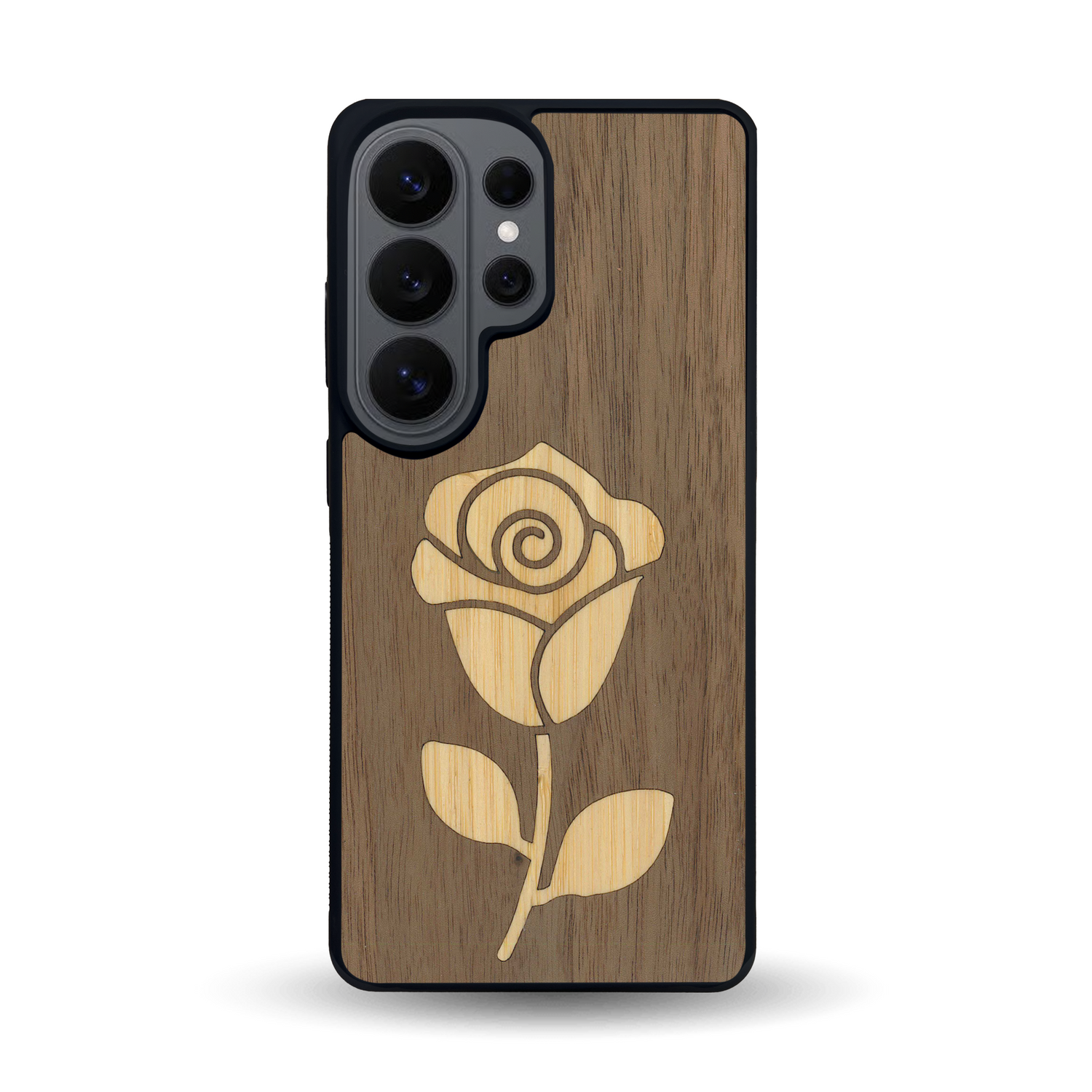 Coque de protection en bois véritable fabriquée en France pour Samsung S26 Ultra alliant plusieurs essences de bois pour représenter une rose
