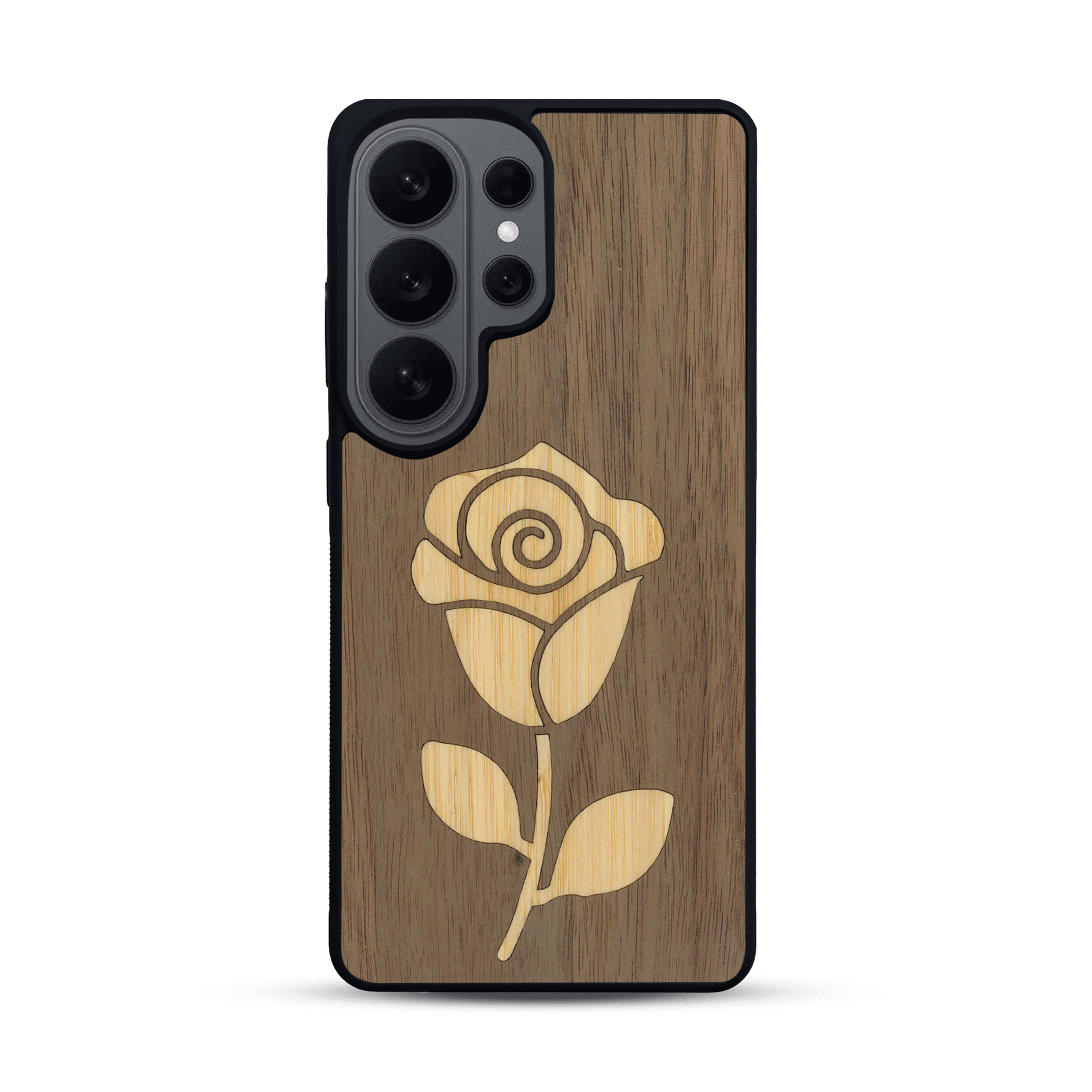 Coque de protection en bois véritable fabriquée en France pour  alliant plusieurs essences de bois pour représenter une rose