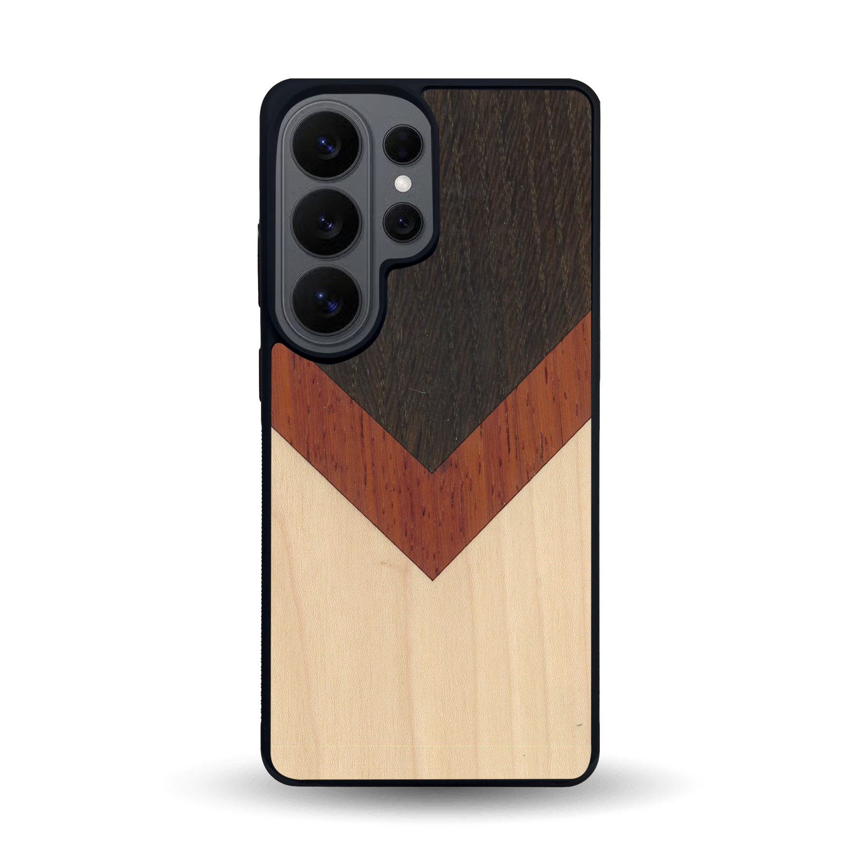 Coque de protection en bois véritable fabriquée en France pour Samsung S26 Ultra alliant du chêne fumé, du padouk et du bambou en forme de chevron sur le thème de l'art abstrait