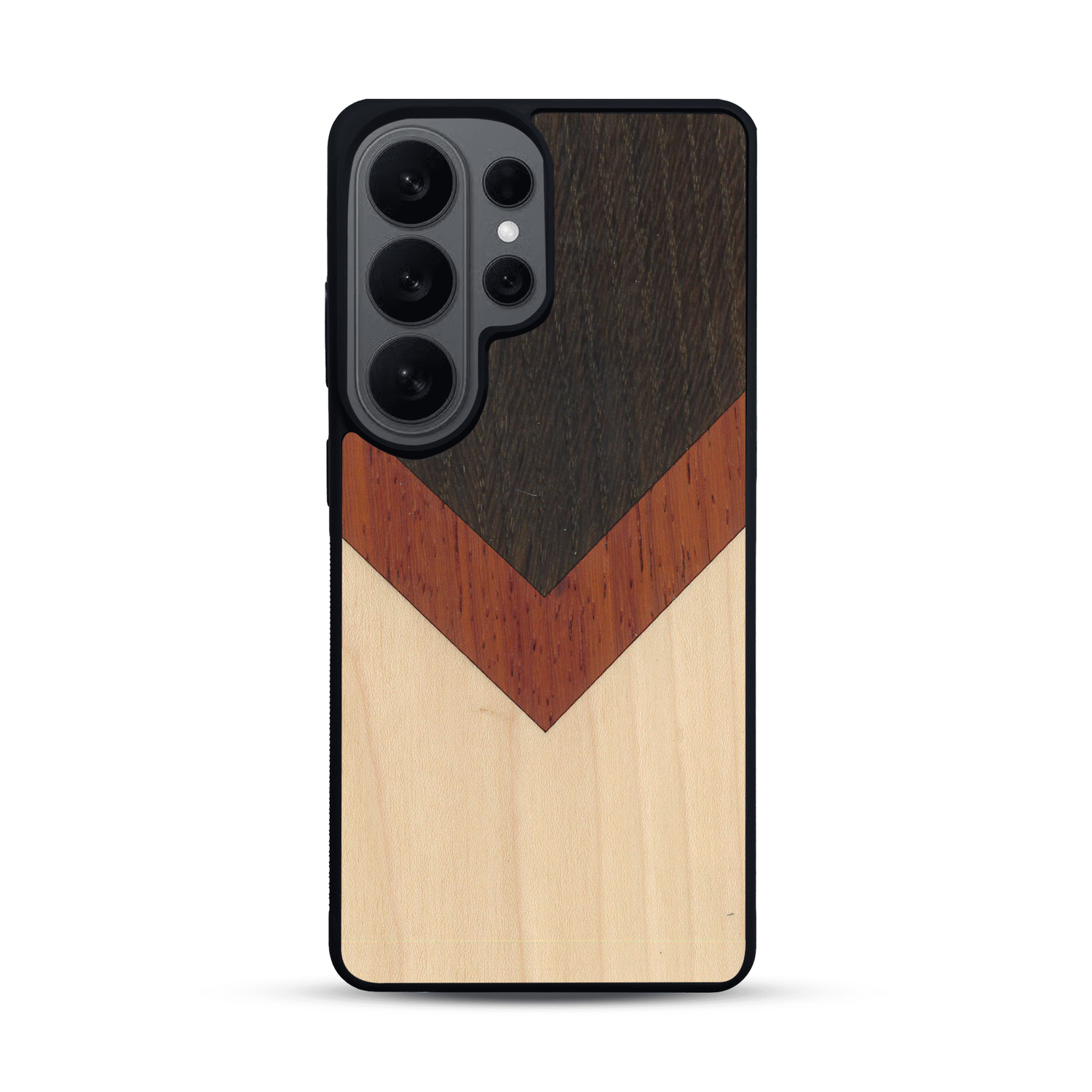 Coque de protection en bois véritable fabriquée en France pour  alliant du chêne fumé, du padouk et du bambou en forme de chevron sur le thème de l'art abstrait