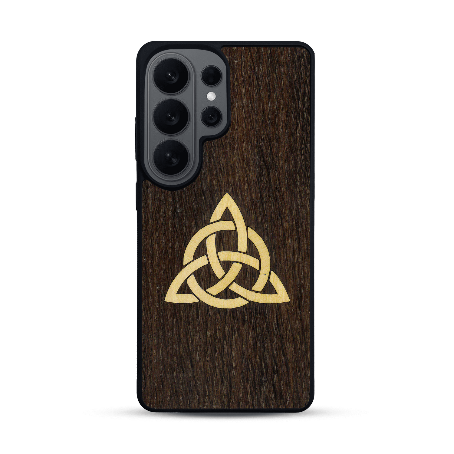 Coque de protection en bois véritable fabriquée en France pour  alliant du chêne fumé et du bambou représentant une triquetra