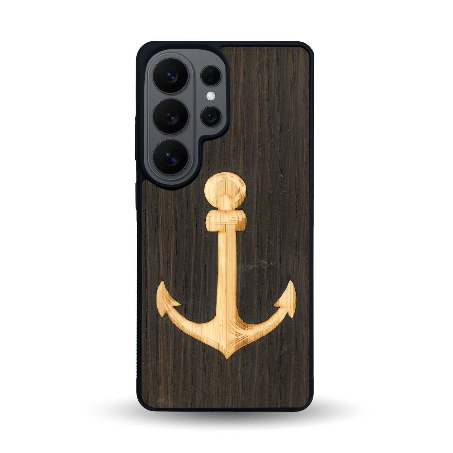 Coque de protection en bois véritable fabriquée en France pour Samsung S26 Ultra sur le thème nautique avec un bois clair et un bois foncé représentant une ancre de bateau