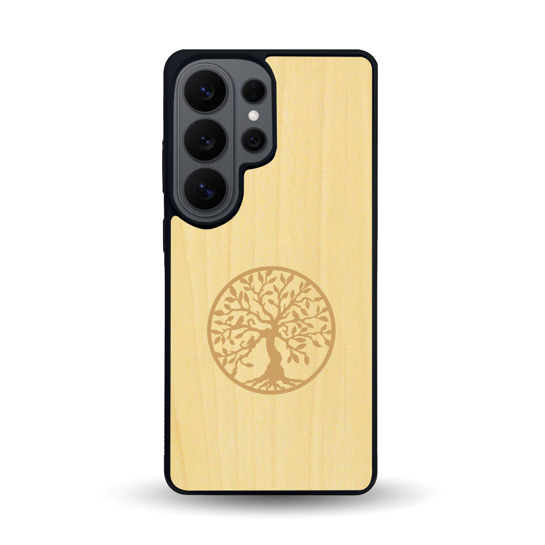 Coque de protection en bois véritable fabriquée en France pour Samsung S26 Ultra sur le thème de la spiritualité et du yoga avec une gravure zen représentant un arbre de vie
