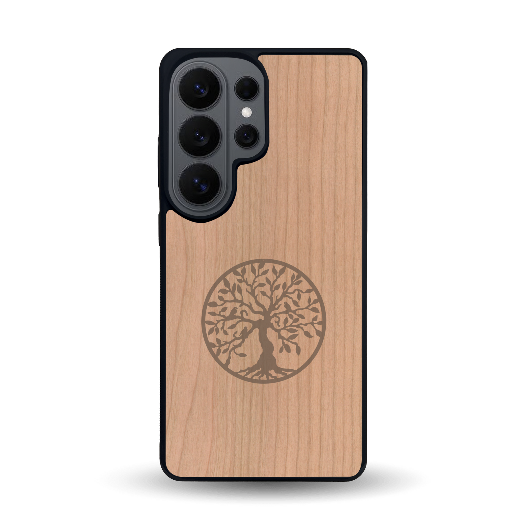 Coque de protection en bois véritable fabriquée en France pour Samsung S26 Ultra sur le thème de la spiritualité et du yoga avec une gravure zen représentant un arbre de vie