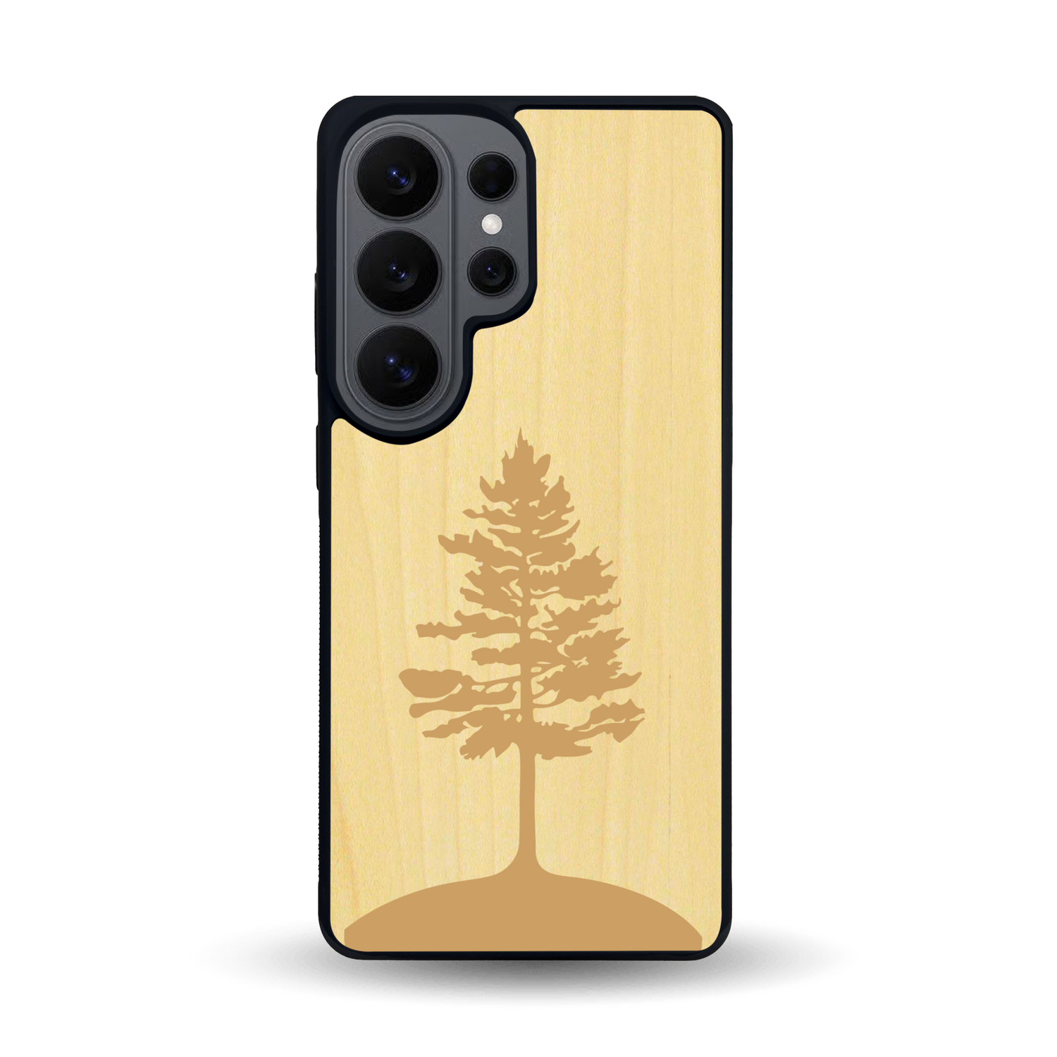 Coque de protection en bois véritable fabriquée en France pour Samsung S26 Ultra sur le thème de la nature, de la fôret et de l'écoresponsabilité avec une gravure représentant un arbre 