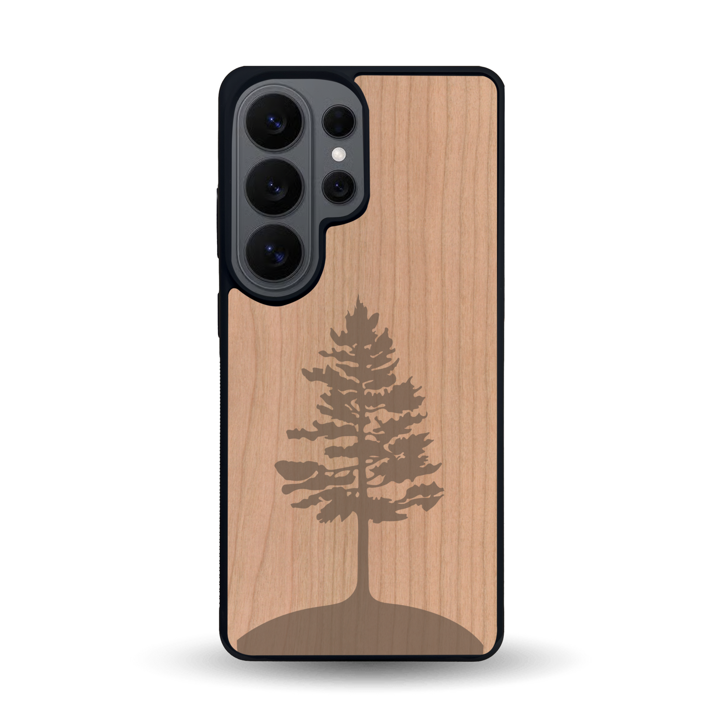 Coque de protection en bois véritable fabriquée en France pour Samsung S26 Ultra sur le thème de la nature, de la fôret et de l'écoresponsabilité avec une gravure représentant un arbre 