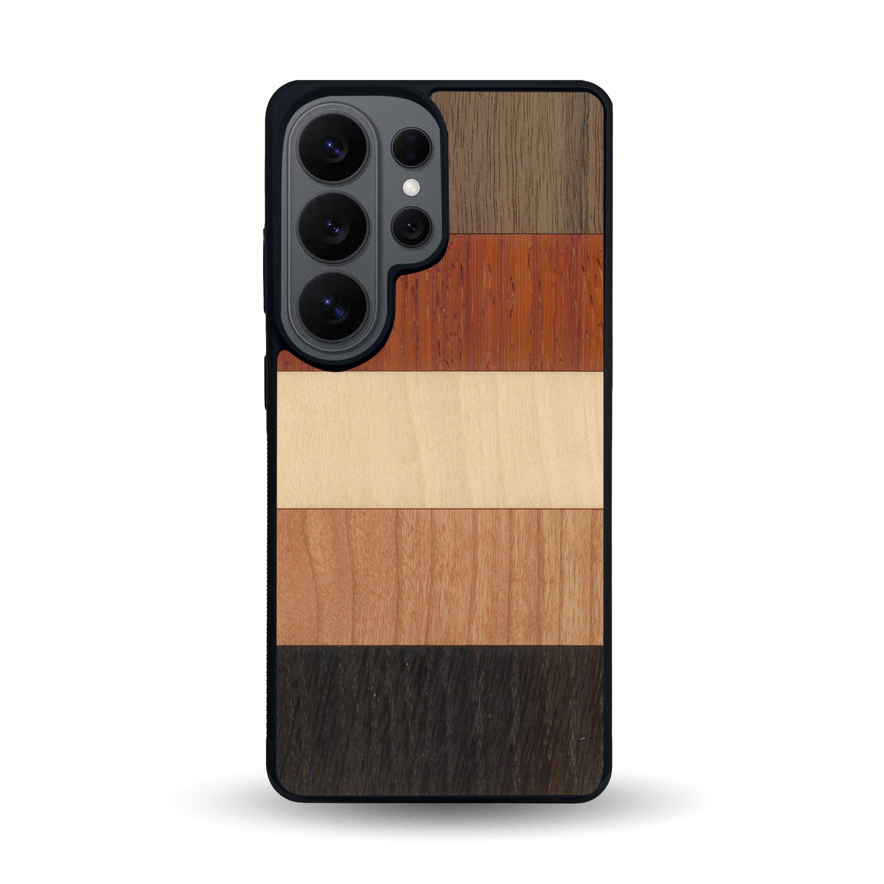 Coque de protection en bois véritable fabriquée en France pour Samsung S26 Ultra alliant des bandes horizontales de bambou, merisier, padouk, noyer et chêne fumé