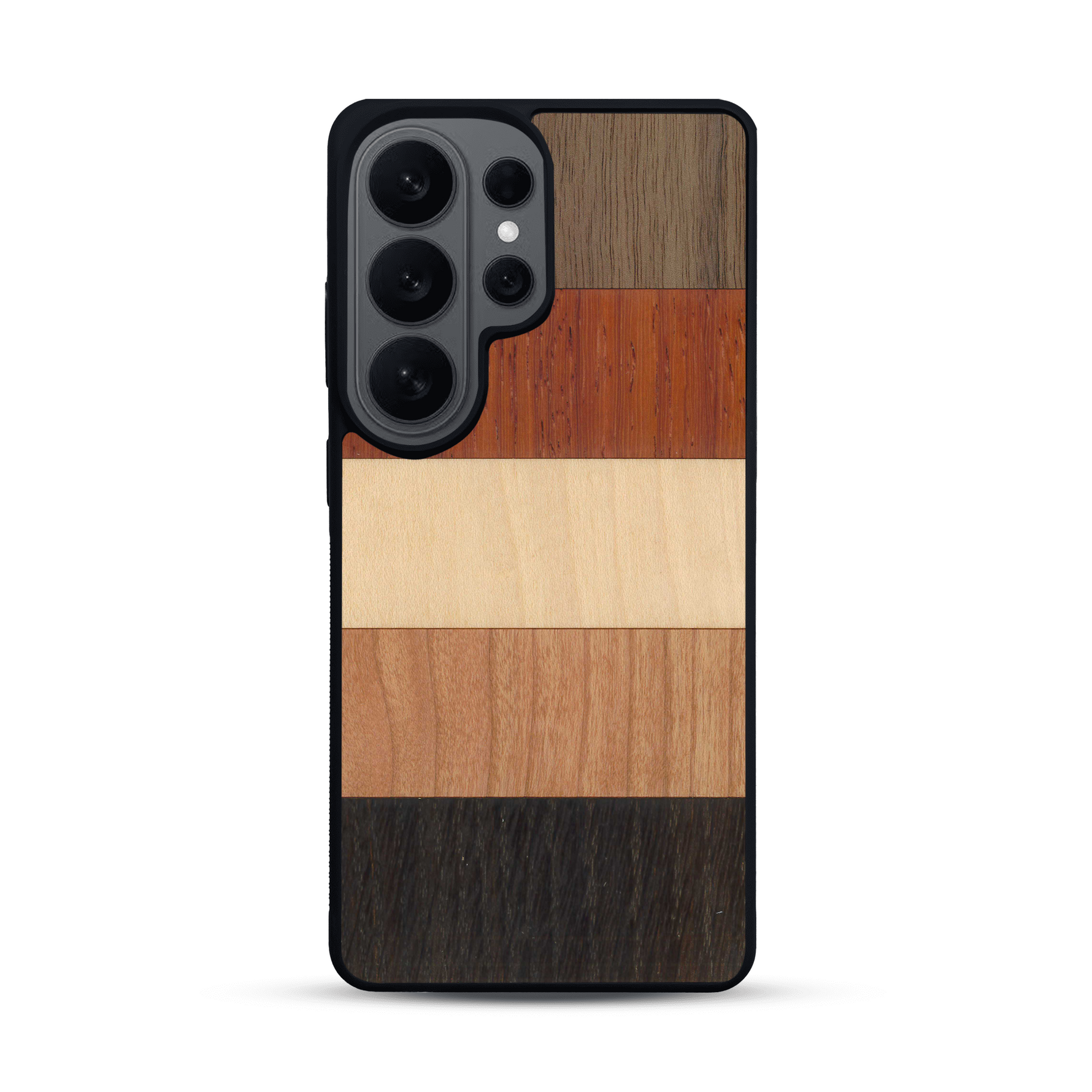 Coque de protection en bois véritable fabriquée en France pour  alliant des bandes horizontales de bambou, merisier, padouk, noyer et chêne fumé