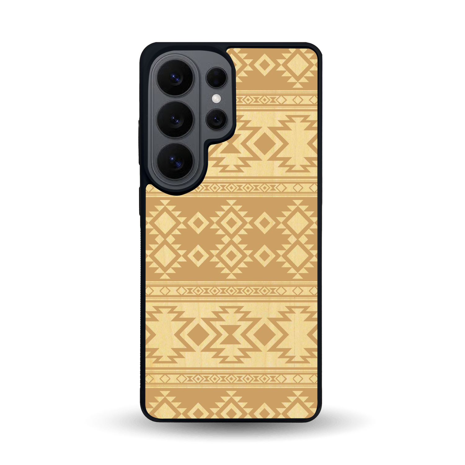Coque de protection en bois véritable fabriquée en France pour Samsung S26 Ultra avec des motifs géométriques s'inspirant des temples aztèques, mayas et incas