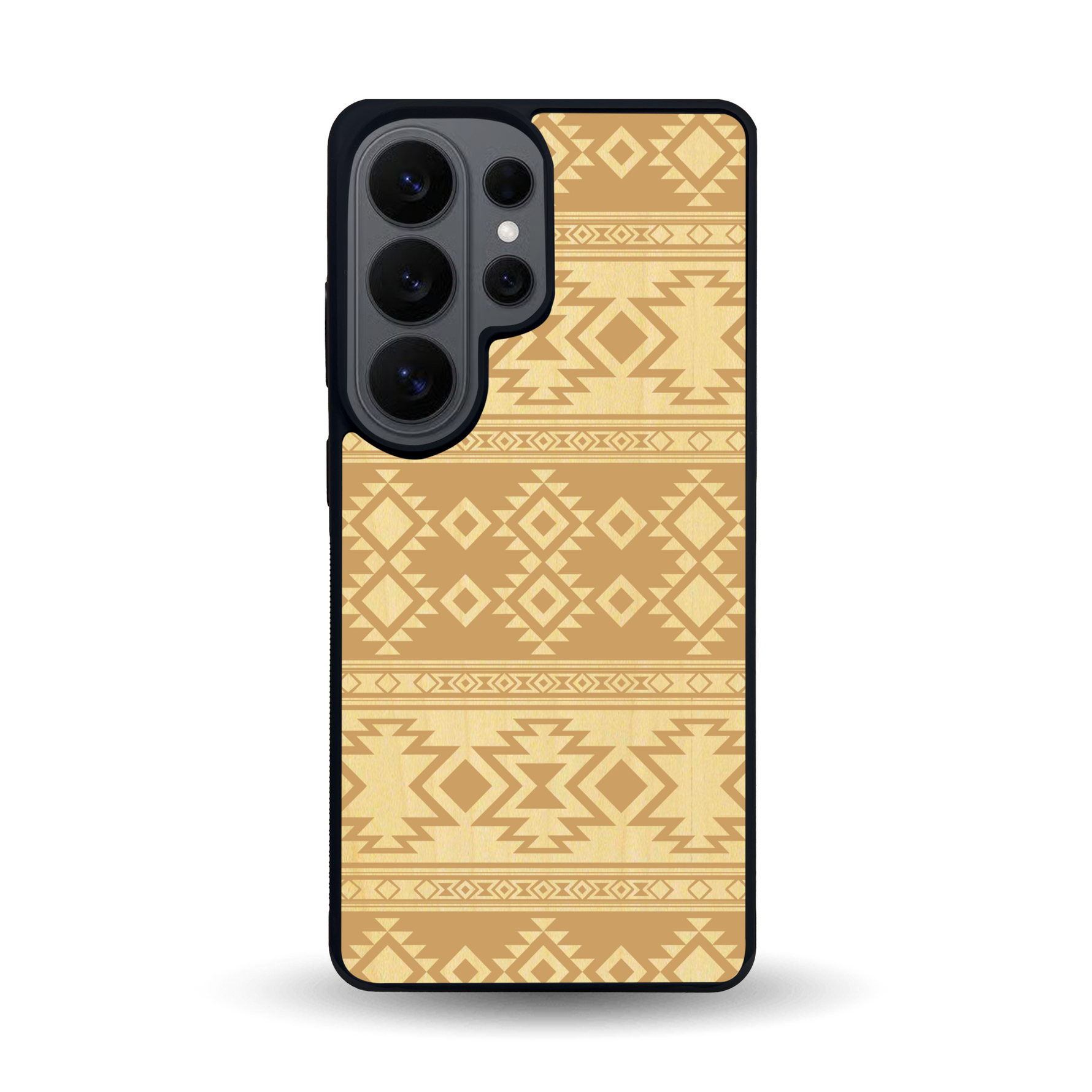 Coque de protection en bois véritable fabriquée en France pour Samsung S26 Ultra avec des motifs géométriques s'inspirant des temples aztèques, mayas et incas