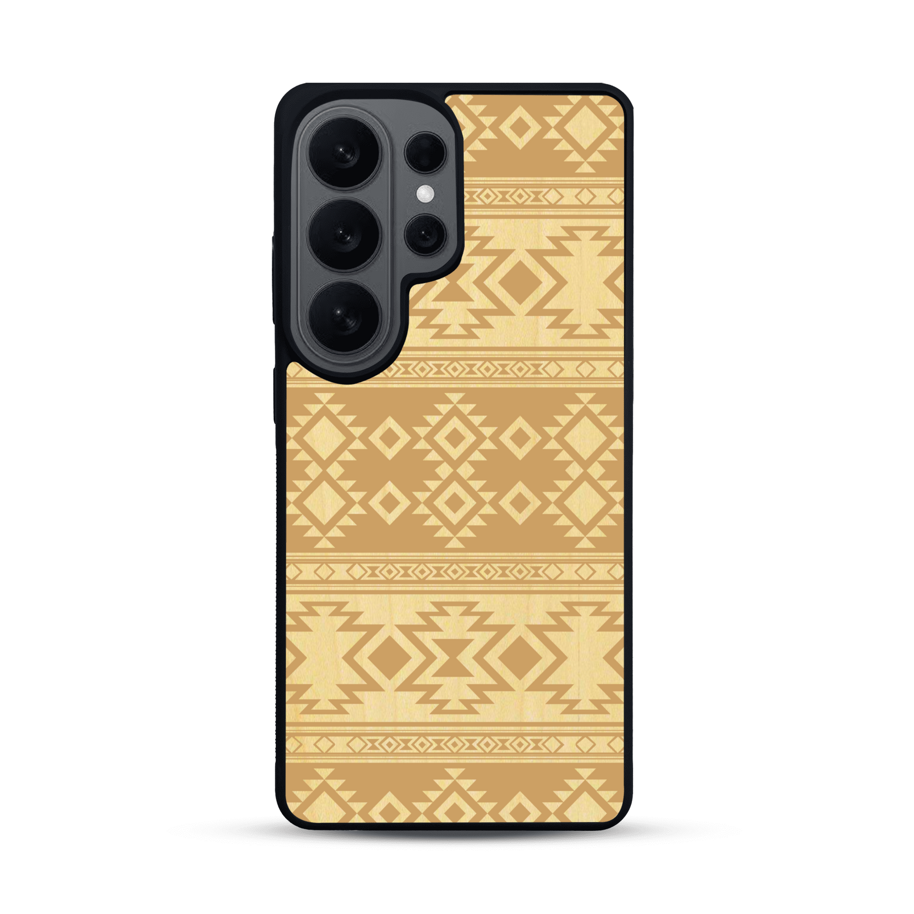 Coque de protection en bois véritable fabriquée en France pour  avec des motifs géométriques s'inspirant des temples aztèques, mayas et incas