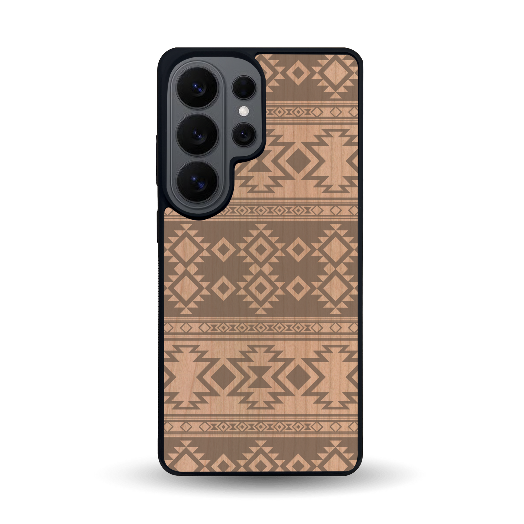 Coque de protection en bois véritable fabriquée en France pour Samsung S26 Ultra avec des motifs géométriques s'inspirant des temples aztèques, mayas et incas