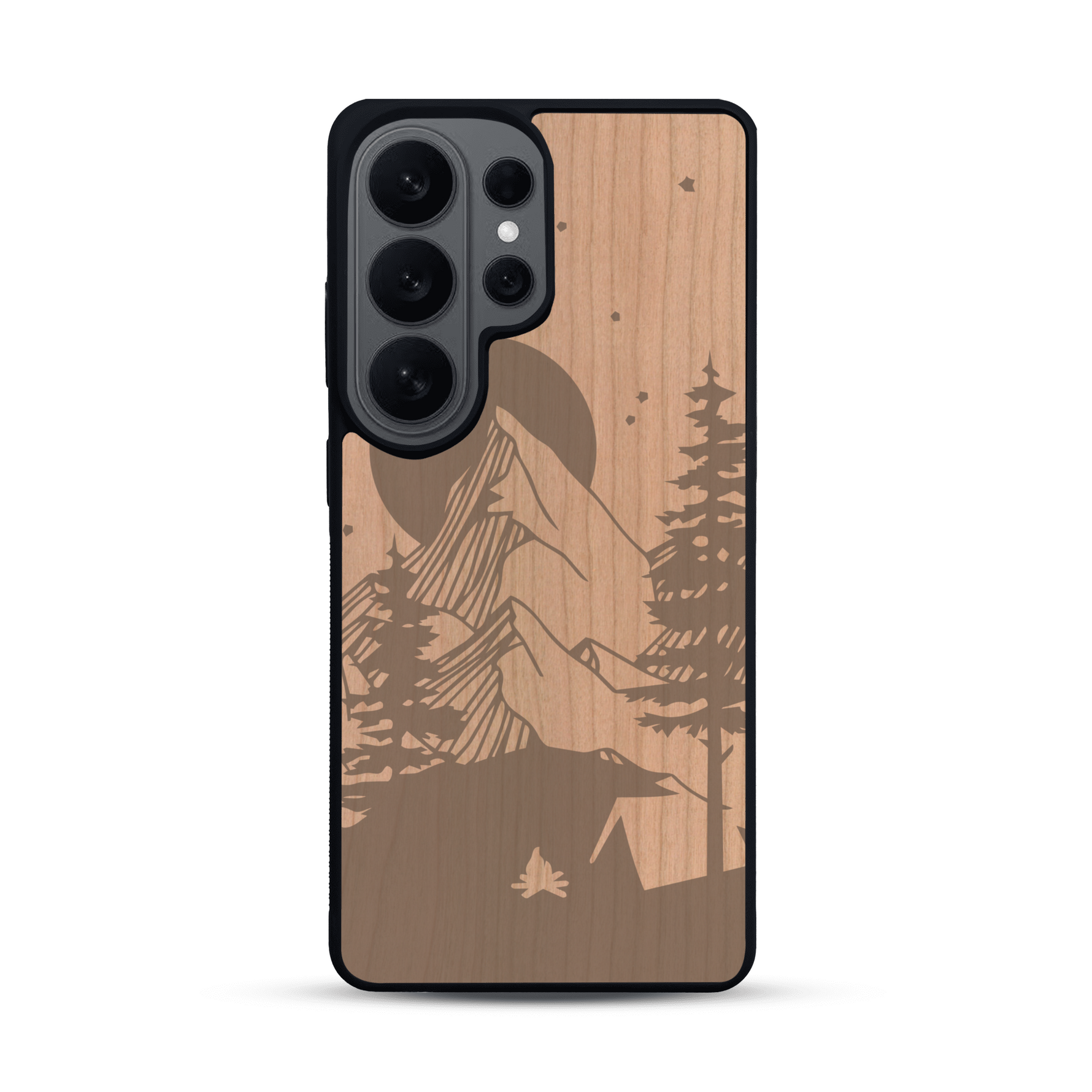 Coque de protection en bois véritable fabriquée en France pour  sur le thème du camping en pleine nature représentant une tente avec un feu de camp entouré de montagnes