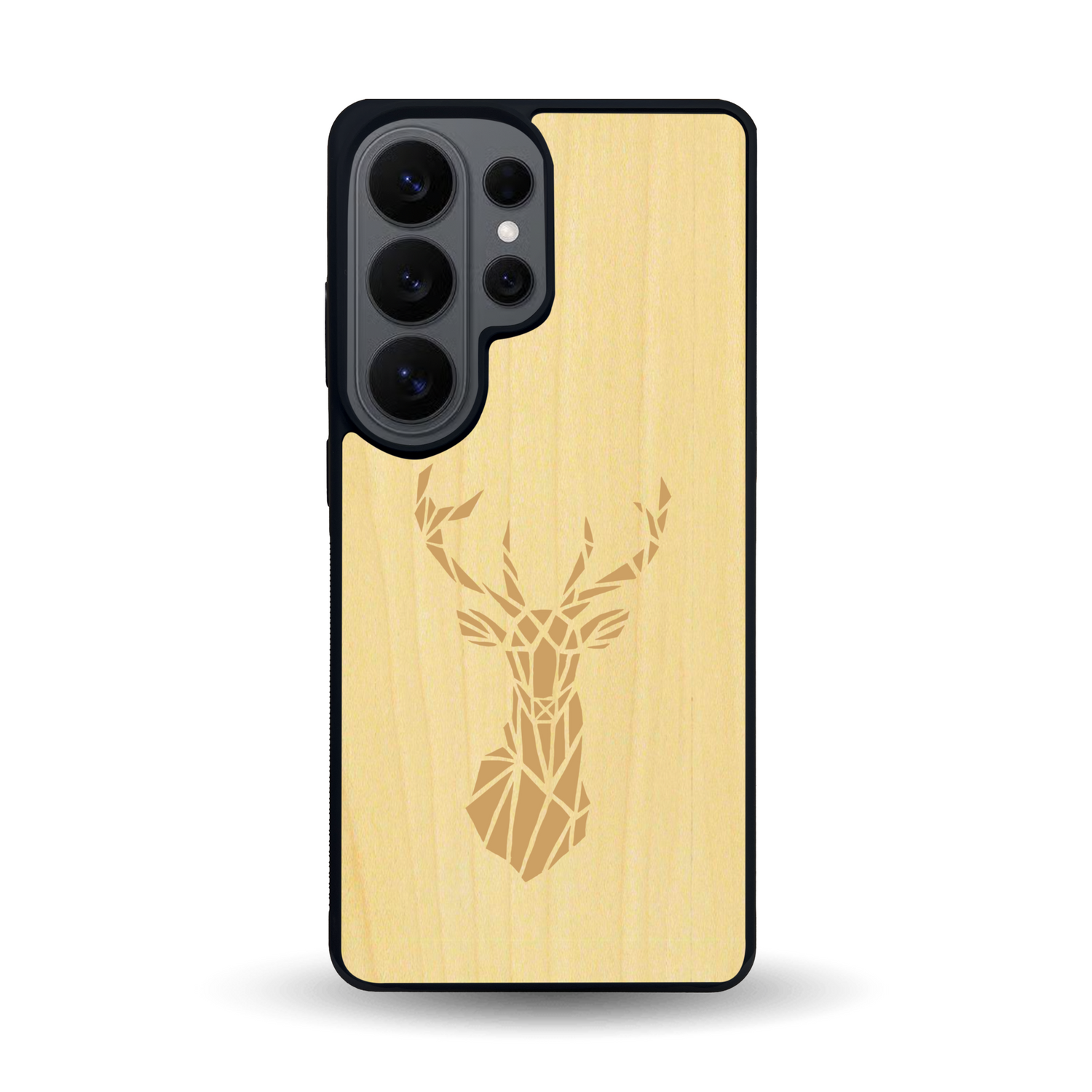 Coque de protection en bois véritable fabriquée en France pour Samsung S26 Ultra sur le thème de la nature et des animaux représentant une tête de cerf gométrique avec un design moderne et minimaliste