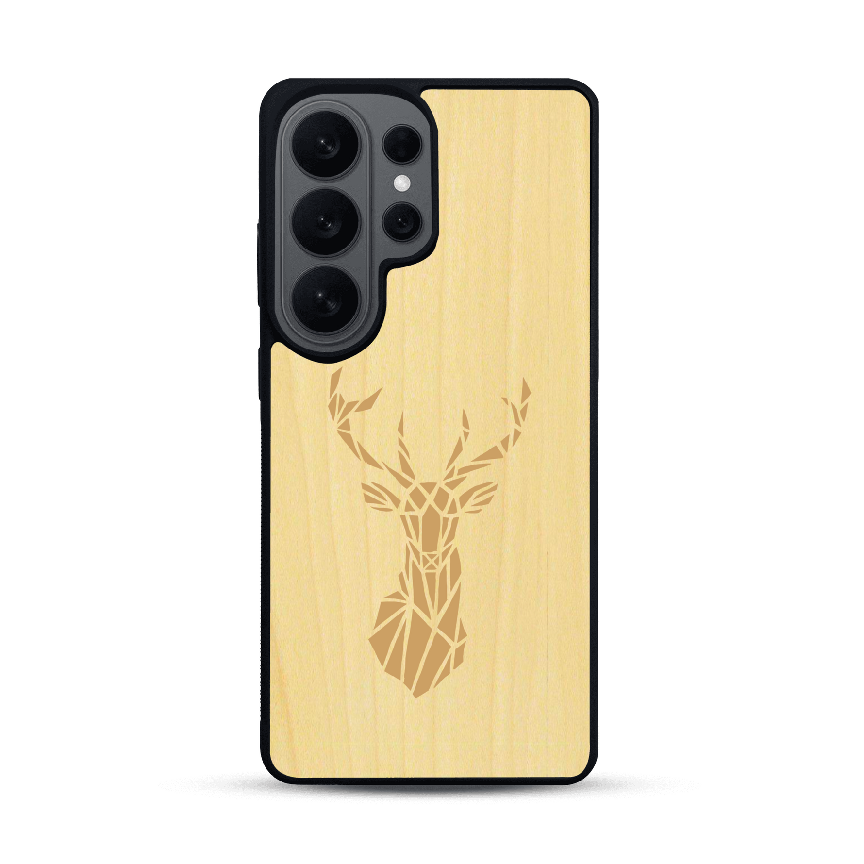 Coque de protection en bois véritable fabriquée en France pour  sur le thème de la nature et des animaux représentant une tête de cerf gométrique avec un design moderne et minimaliste