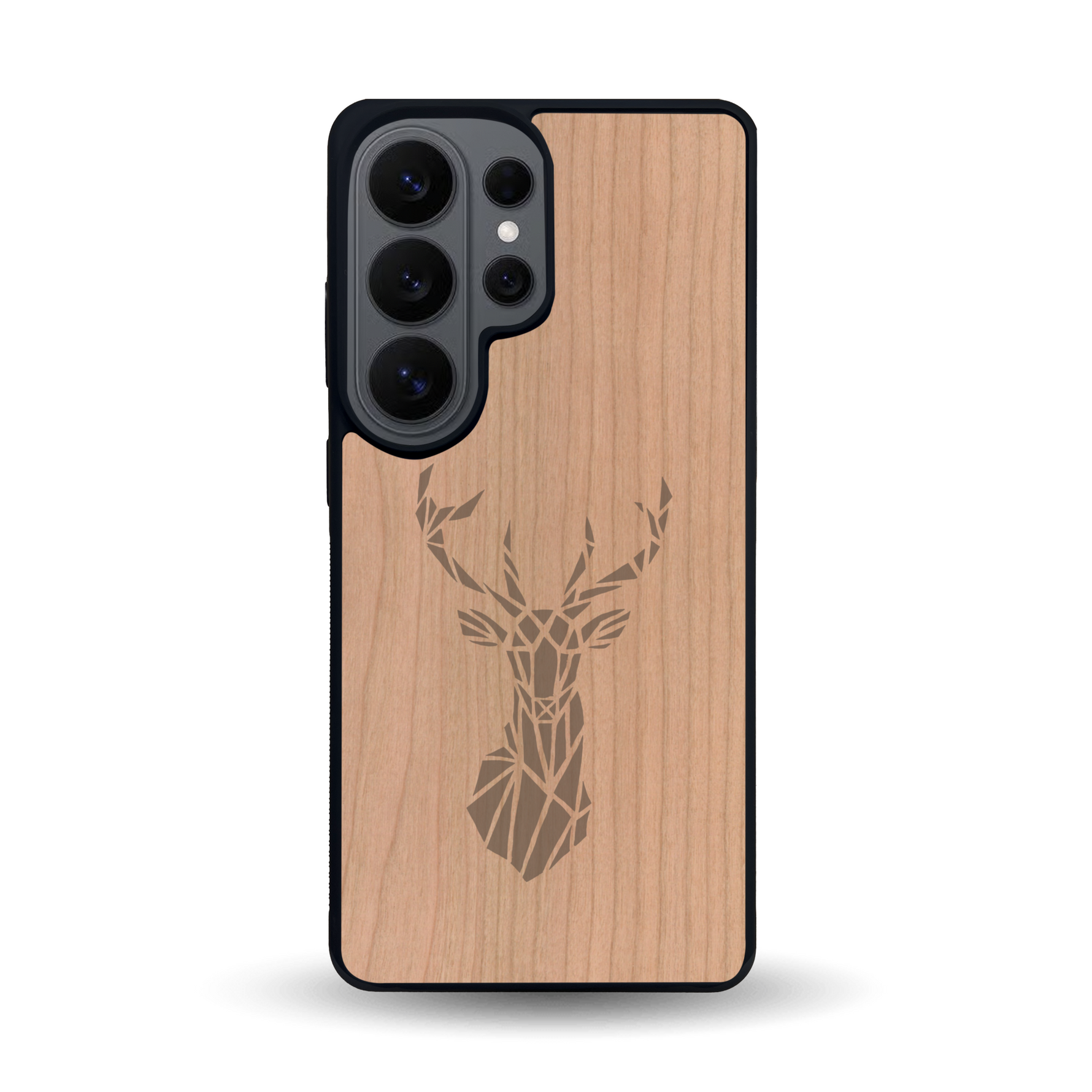 Coque de protection en bois véritable fabriquée en France pour Samsung S26 Ultra sur le thème de la nature et des animaux représentant une tête de cerf gométrique avec un design moderne et minimaliste