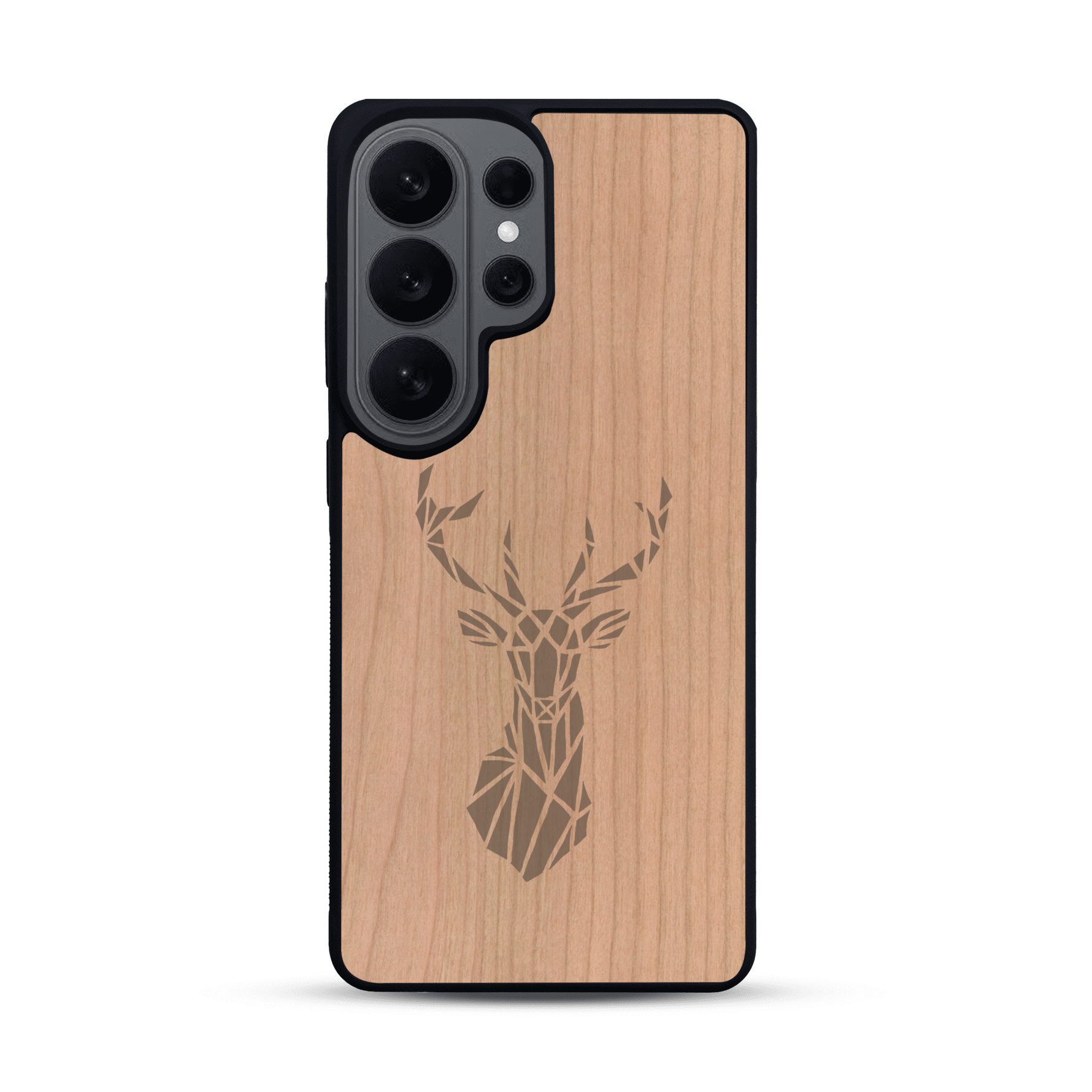 Coque de protection en bois véritable fabriquée en France pour  sur le thème de la nature et des animaux représentant une tête de cerf gométrique avec un design moderne et minimaliste