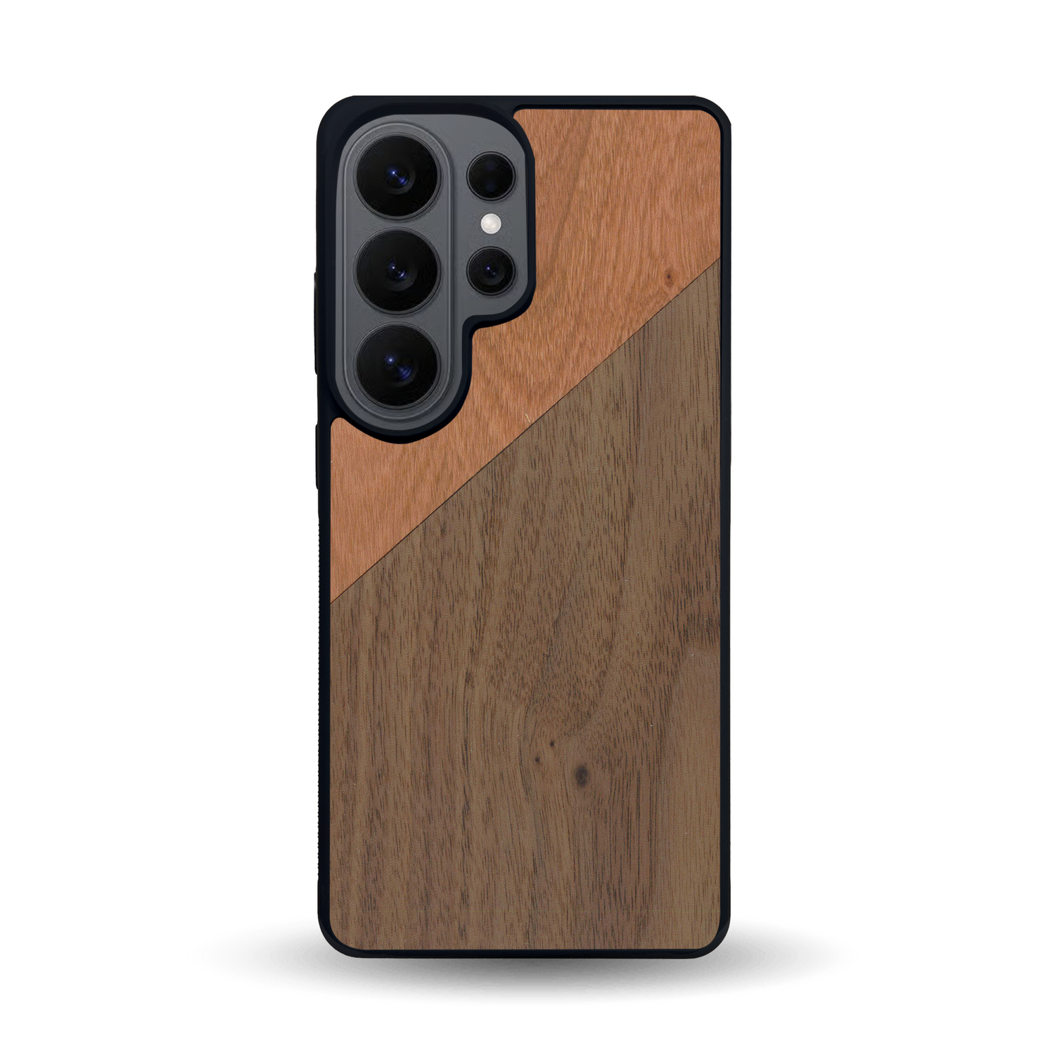 Coque de protection en bois véritable fabriquée en France pour Samsung S26 Ultra alliant du merisier et du noyer formant chacun un triangle avec une jointure en diagonale sur le thème de l'art abstrait
