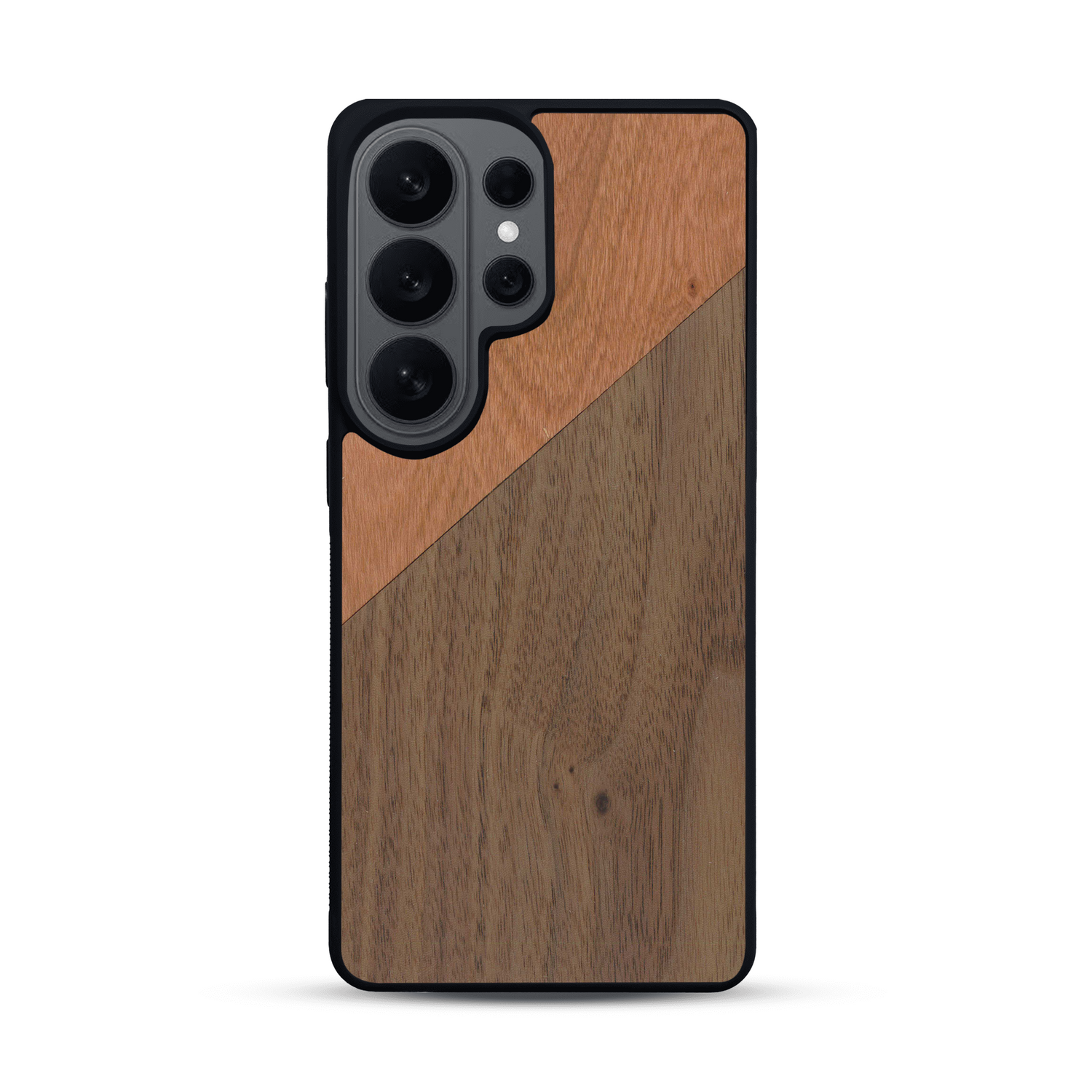 Coque de protection en bois véritable fabriquée en France pour  alliant du merisier et du noyer formant chacun un triangle avec une jointure en diagonale sur le thème de l'art abstrait