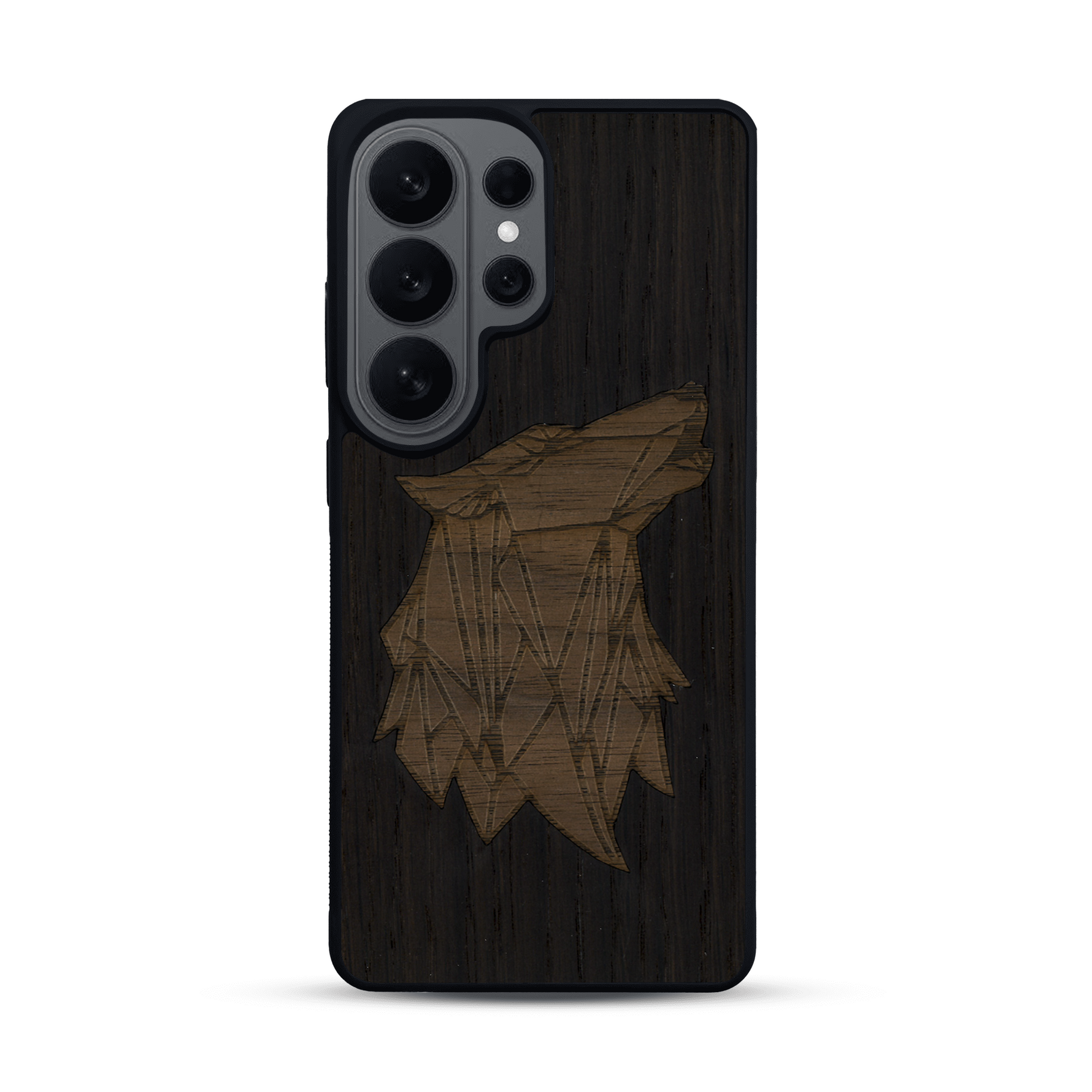 Coque de protection en bois véritable fabriquée en France pour  alliant du chêne fumé et du noyer représentant une tête de loup géométrique de profil sur le thème des animaux et de la nature