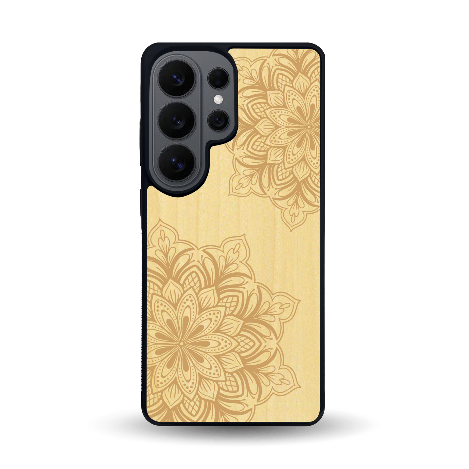 Coque de protection en bois véritable fabriquée en France pour Samsung S26 Ultra sur le thème de la bohème et du tatouage au henné avec une gravure représentant un mandala