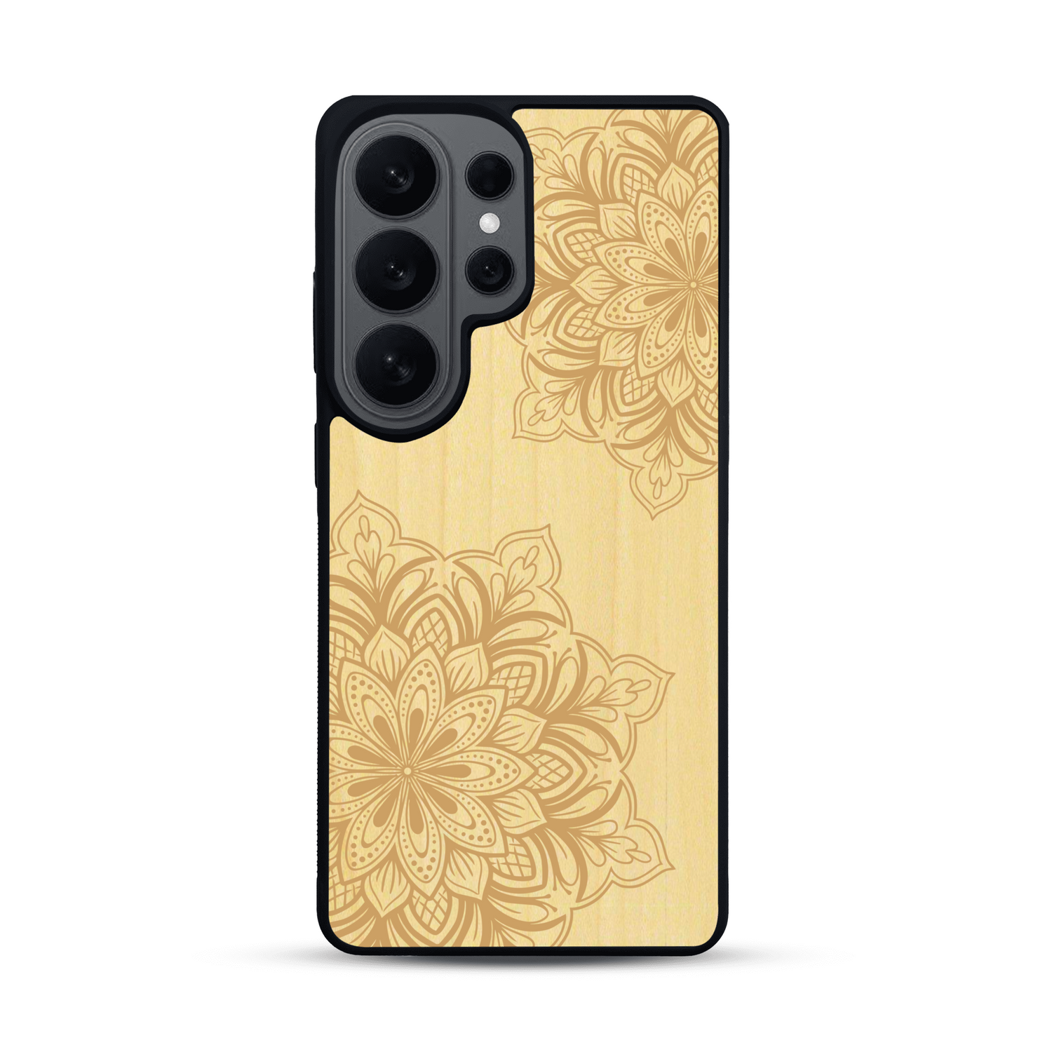 Coque de protection en bois véritable fabriquée en France pour  sur le thème de la bohème et du tatouage au henné avec une gravure représentant un mandala