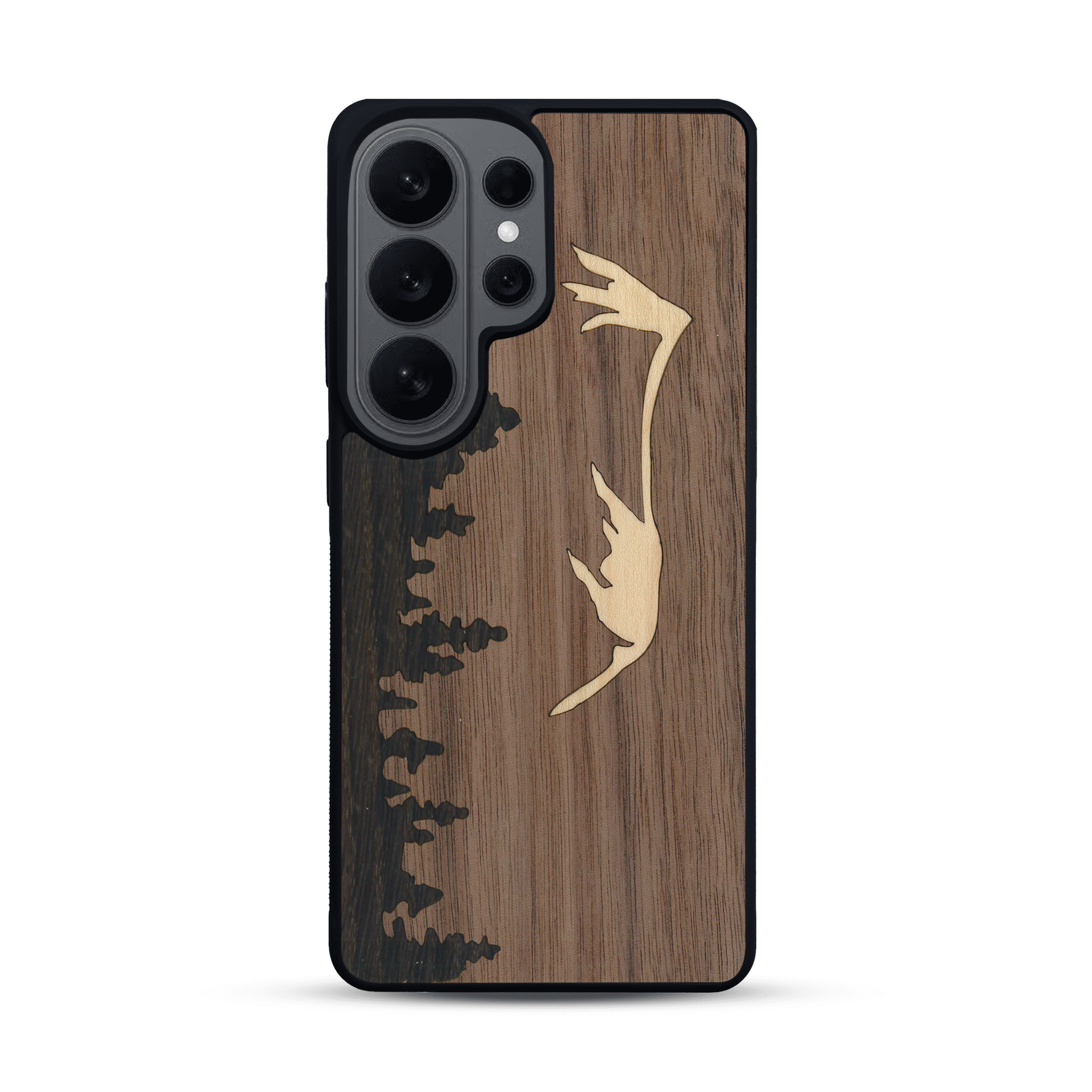 Coque de protection en bois véritable fabriquée en France pour  sur le thème de la nature et de la montagne qui allie du chêne fumé, du noyer et du bambou représentant le mont mézenc