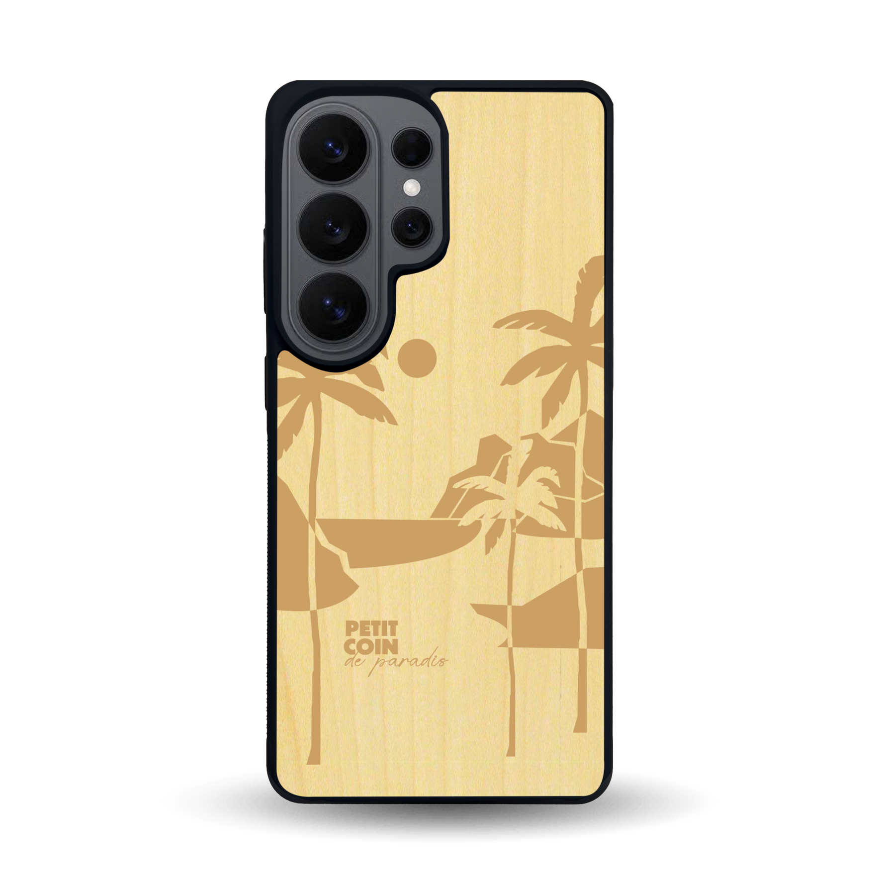 Coque de protection en bois véritable fabriquée en France pour Samsung S26 Ultra sur le thème des voyages en vans, vanlife et chill avec une gravure représentant un van vw combi devant le soleil couchant sur une plage avec des vagues