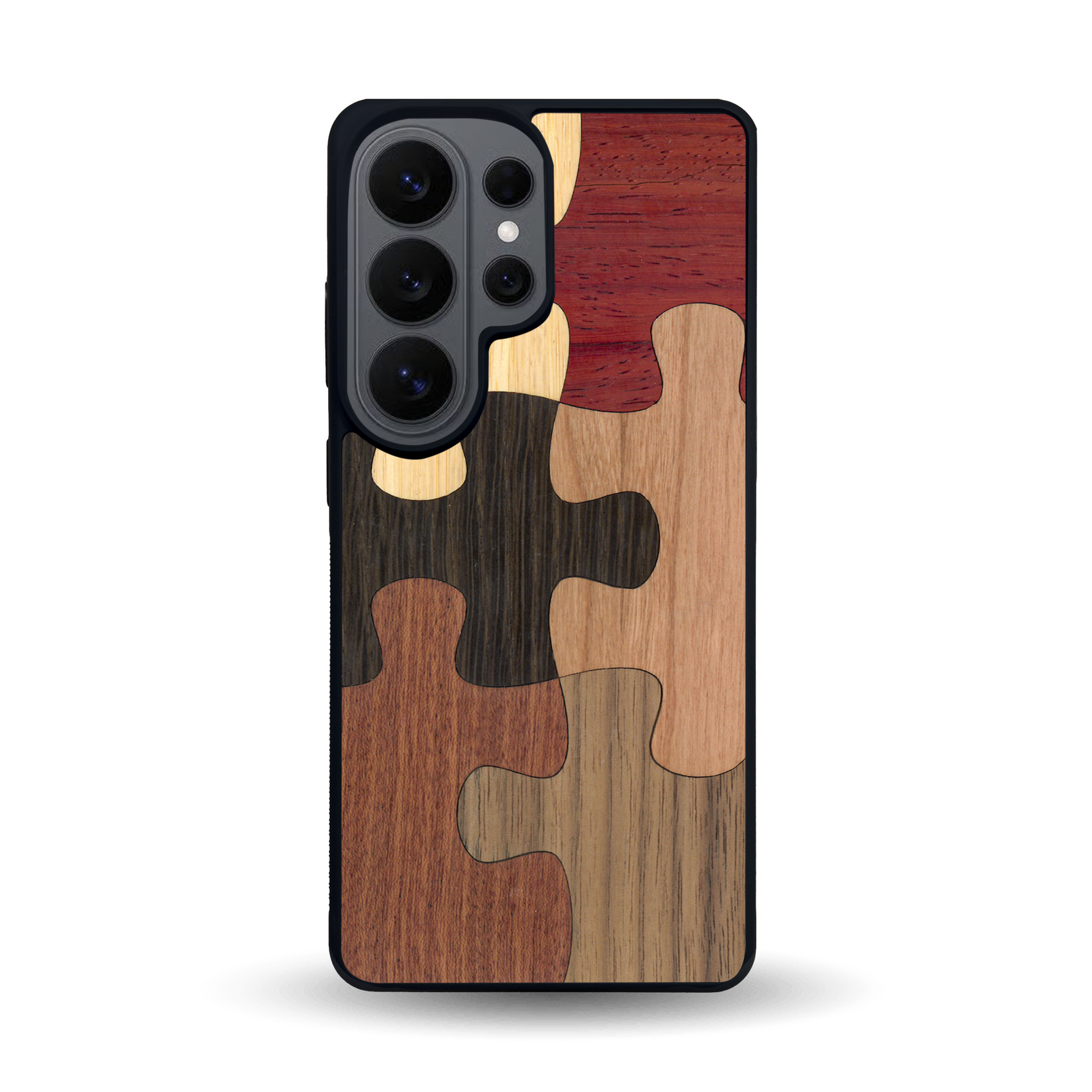 Coque de protection en bois véritable fabriquée en France pour Samsung S26 Ultra représentant un puzzle en six pièces qui allie du chêne fumé, du noyer, du bambou, du padouk, du merisier et de l'acajou