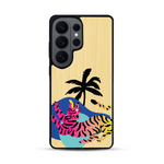 Coque de protection en bois véritable fabriquée en France pour  représentant un tigre coloré avec un design moderne et minimaliste sur le thème de la jungle et de la nature