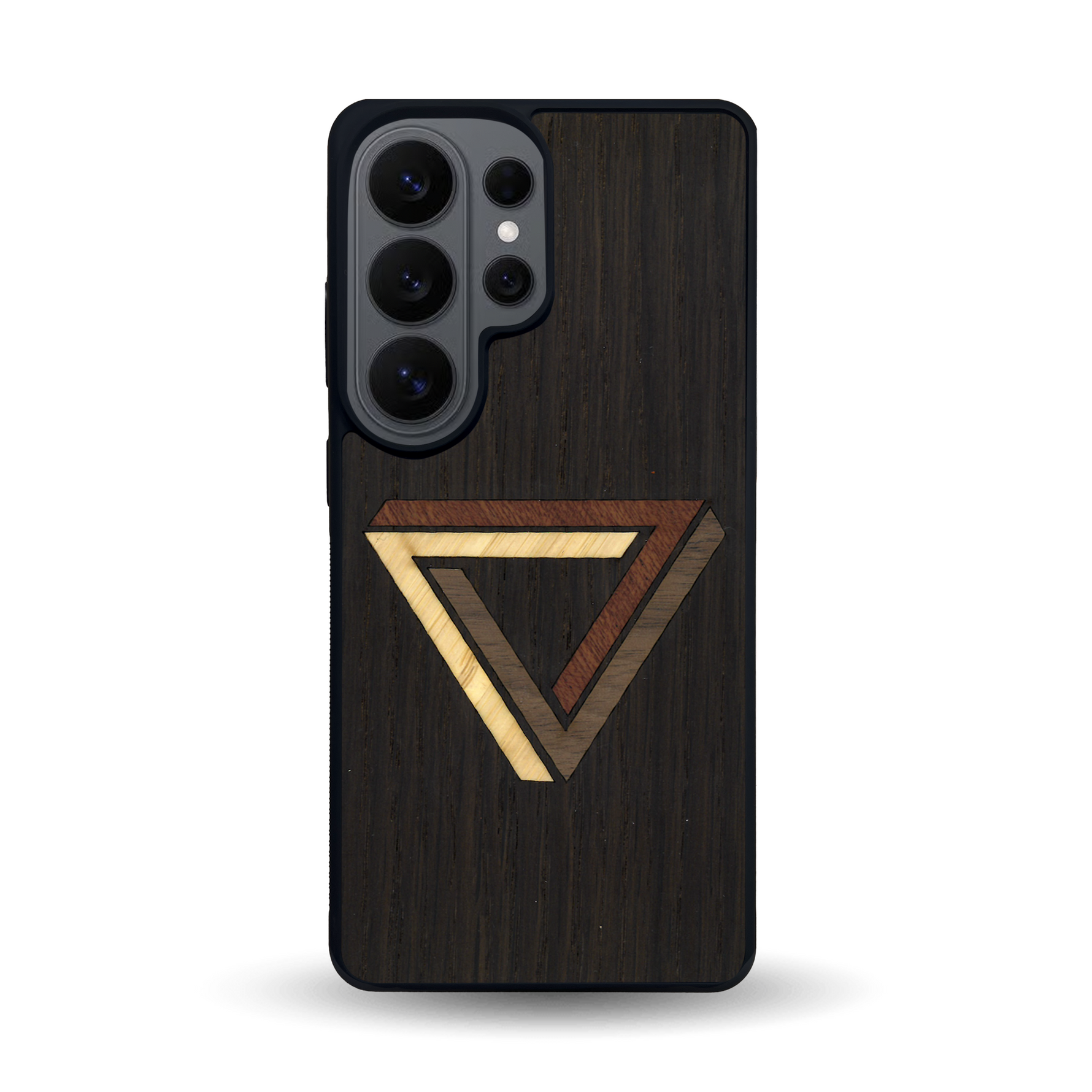 Coque de protection en bois véritable fabriquée en France pour Samsung S26 Ultra sur le thème de l'art géométrique qui allie du chêne fumé, du noyer, du bambou et du padouk représentant le triangle de penrose