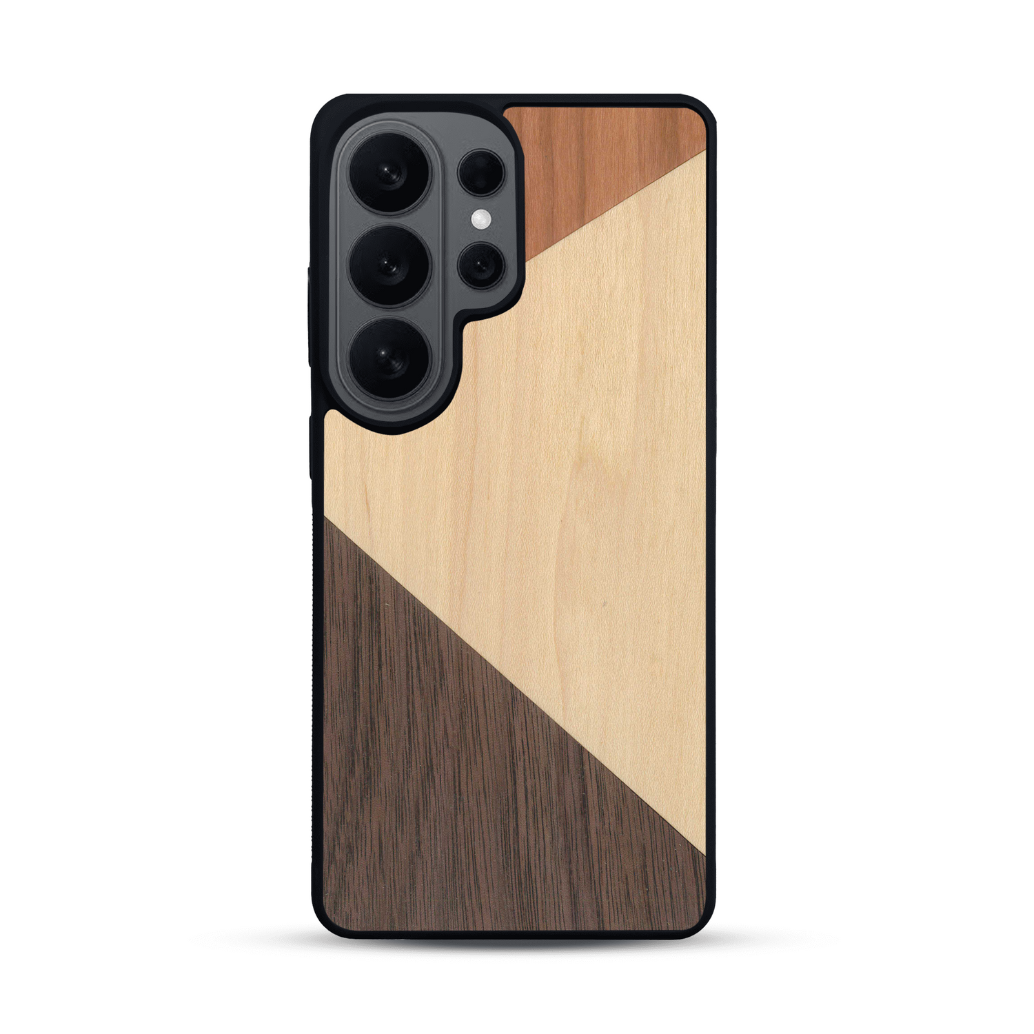 Coque de protection en bois véritable fabriquée en France pour  alliant du merisier, du noyer et du bambou formant chacun deux triangles et un trapèze avec deux jointures en diagonale sur le thème de l'art abstrait
