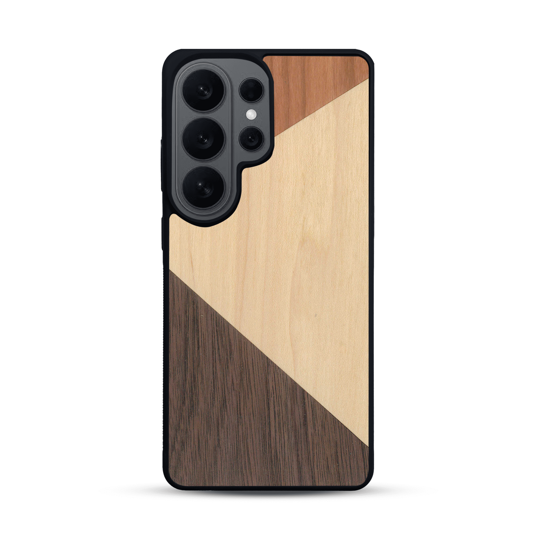 Coque de protection en bois véritable fabriquée en France pour  alliant du merisier, du noyer et du bambou formant chacun deux triangles et un trapèze avec deux jointures en diagonale sur le thème de l'art abstrait