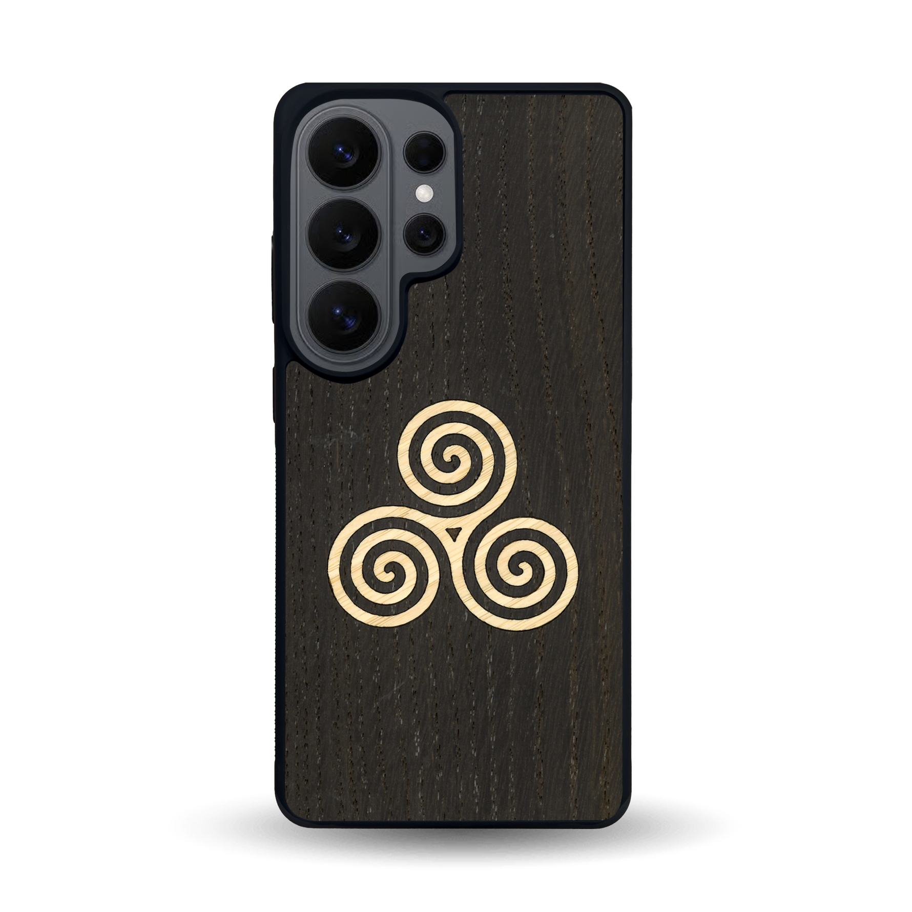 Coque de protection en bois véritable fabriquée en France pour Samsung S26 Ultra alliant du chêne fumé et du bambou et doré représentant un triskell