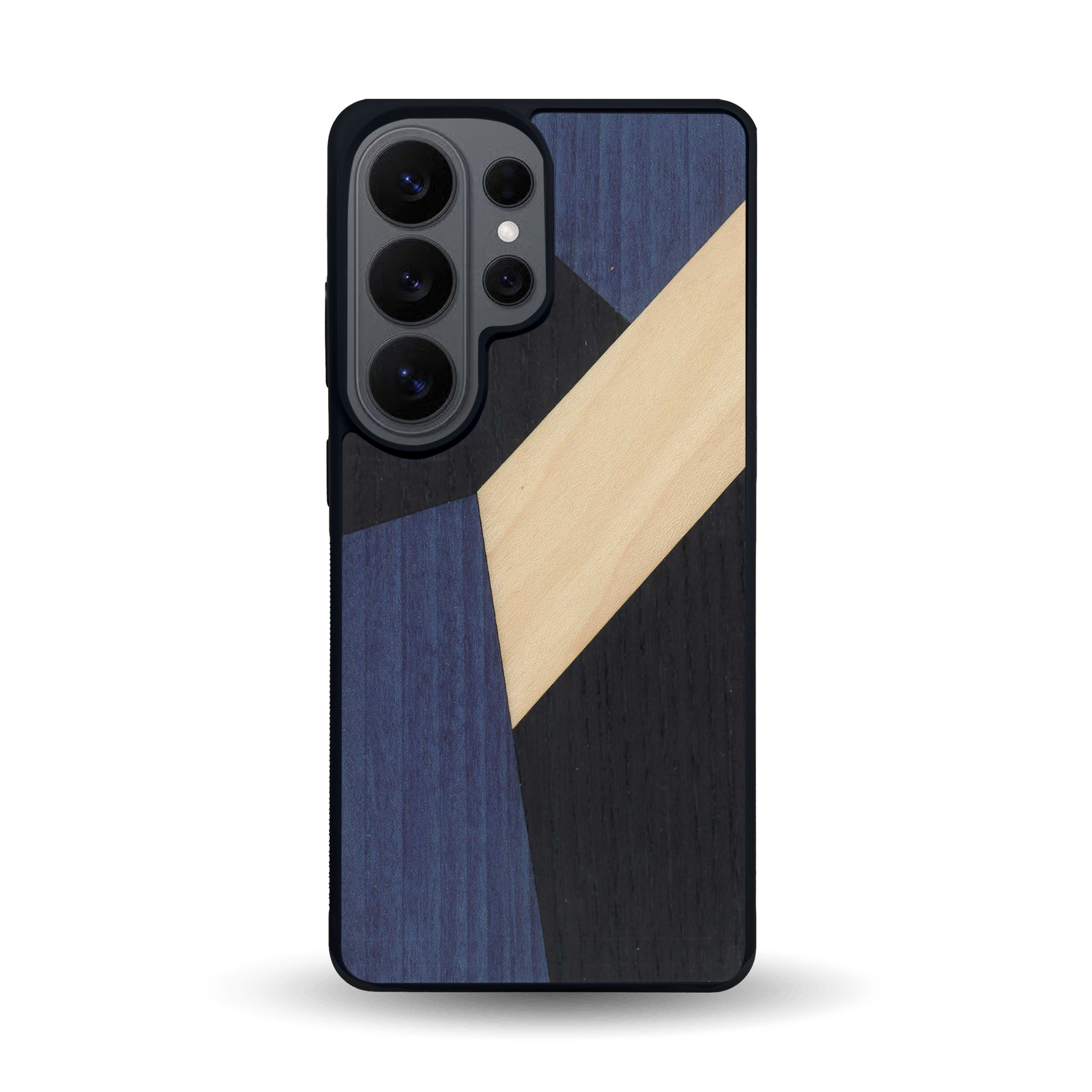 Coque de protection en bois véritable fabriquée en France pour Samsung S26 Ultra alliant du bambou, du tulipier bleu et noir en forme de mosaïque minimaliste sur le thème de l'art abstrait