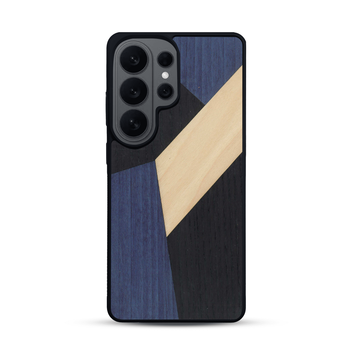 Coque de protection en bois véritable fabriquée en France pour  alliant du bambou, du tulipier bleu et noir en forme de mosaïque minimaliste sur le thème de l'art abstrait