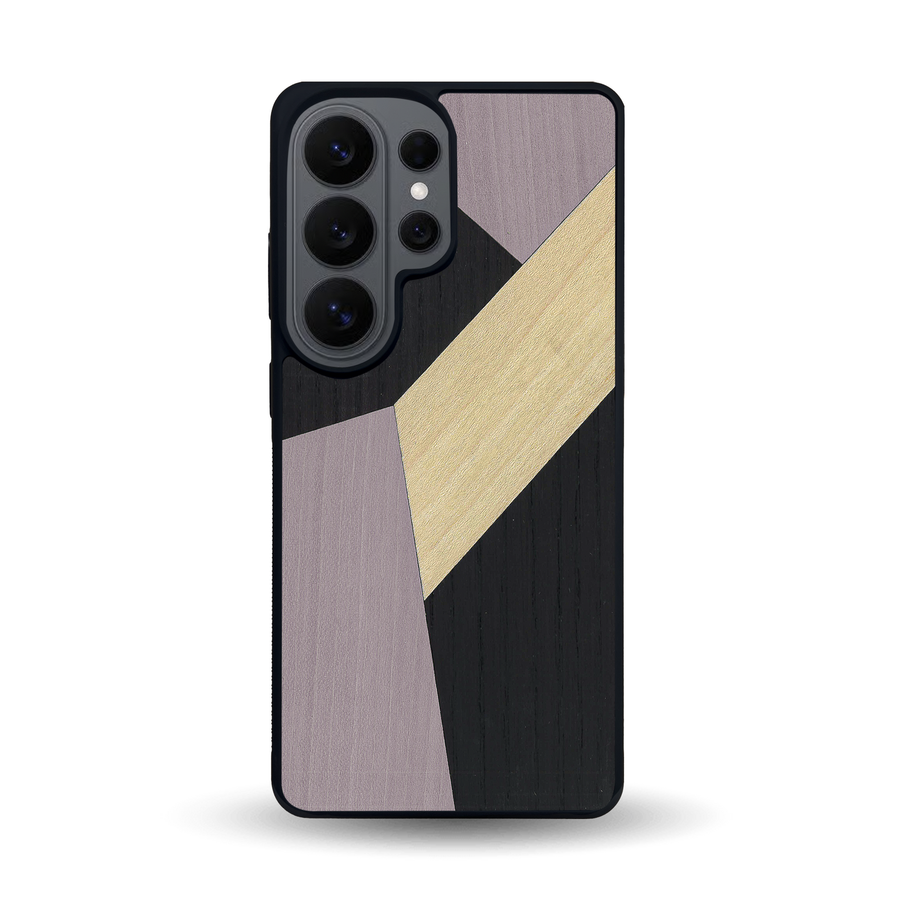 Coque de protection en bois véritable fabriquée en France pour Samsung S26 Ultra alliant du bambou, du tulipier mauve et noir en forme de mosaïque minimaliste sur le thème de l'art abstrait